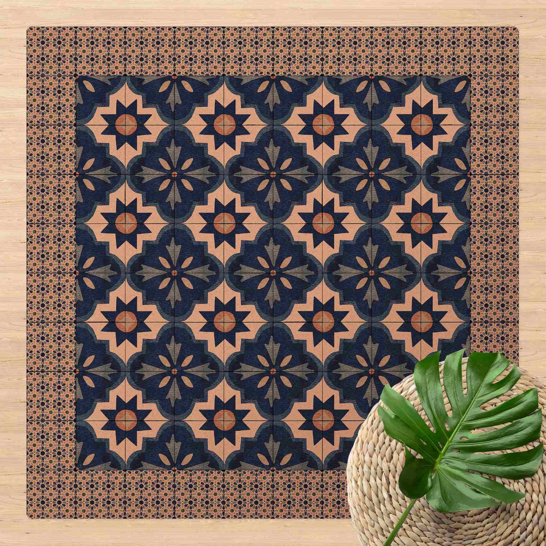 Kork-Teppich Marokkanische Fliesen Aquarellblumen mit Fliesenrahmen