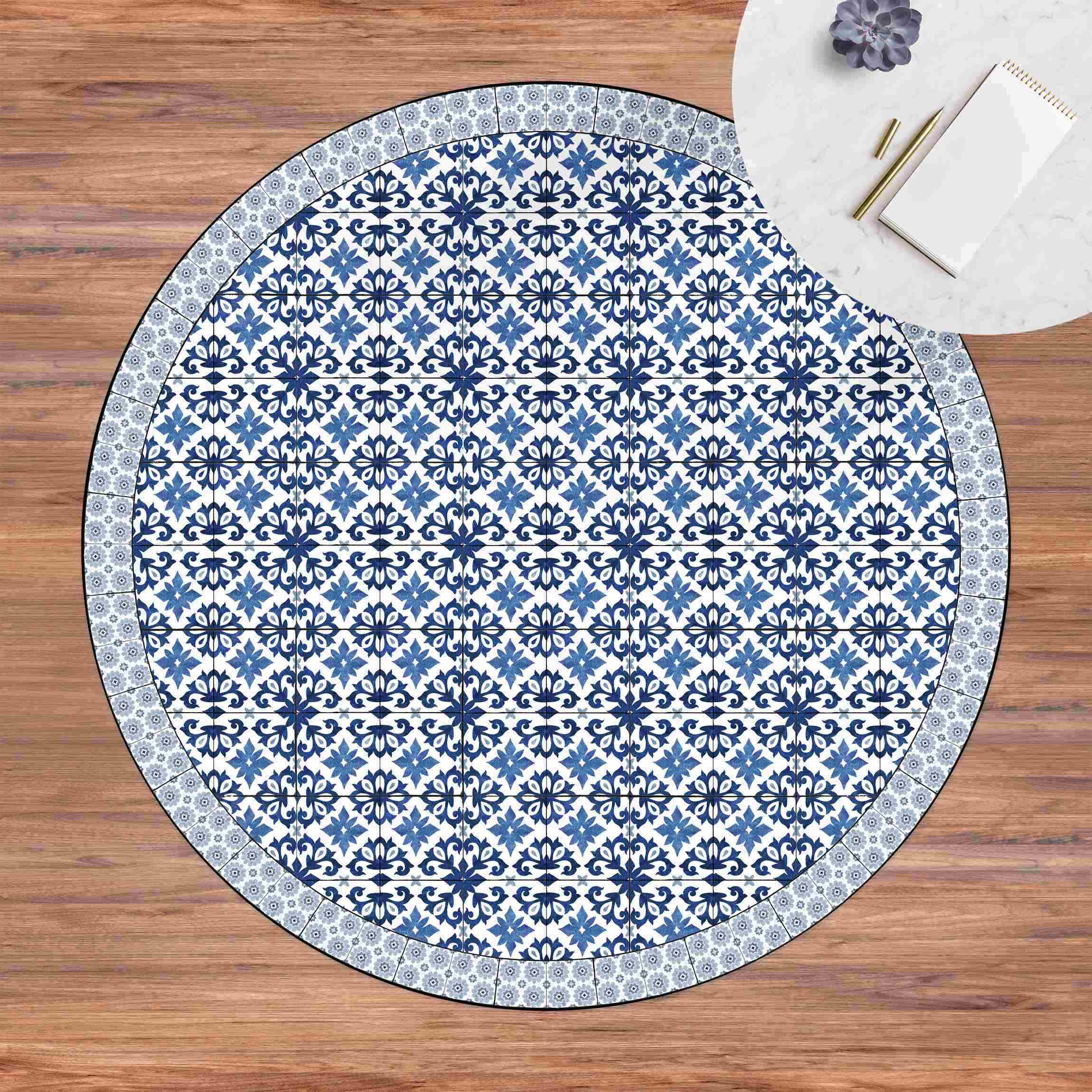 Runder Vinyl-Teppich Marokkanische Fliesen Florale Blaupause mit Fliesenrahmen