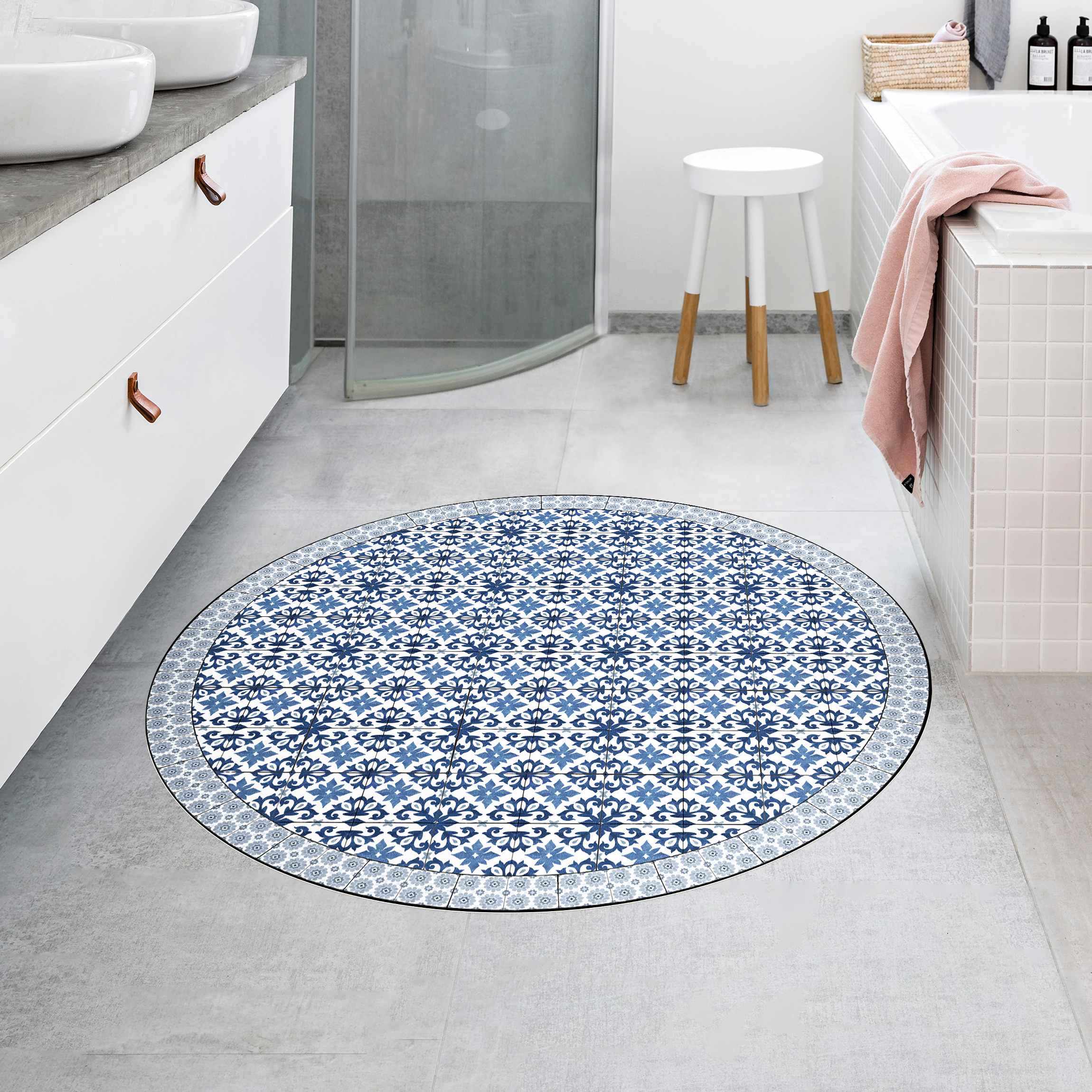 Runder Vinyl-Teppich Marokkanische Fliesen Florale Blaupause mit Fliesenrahmen