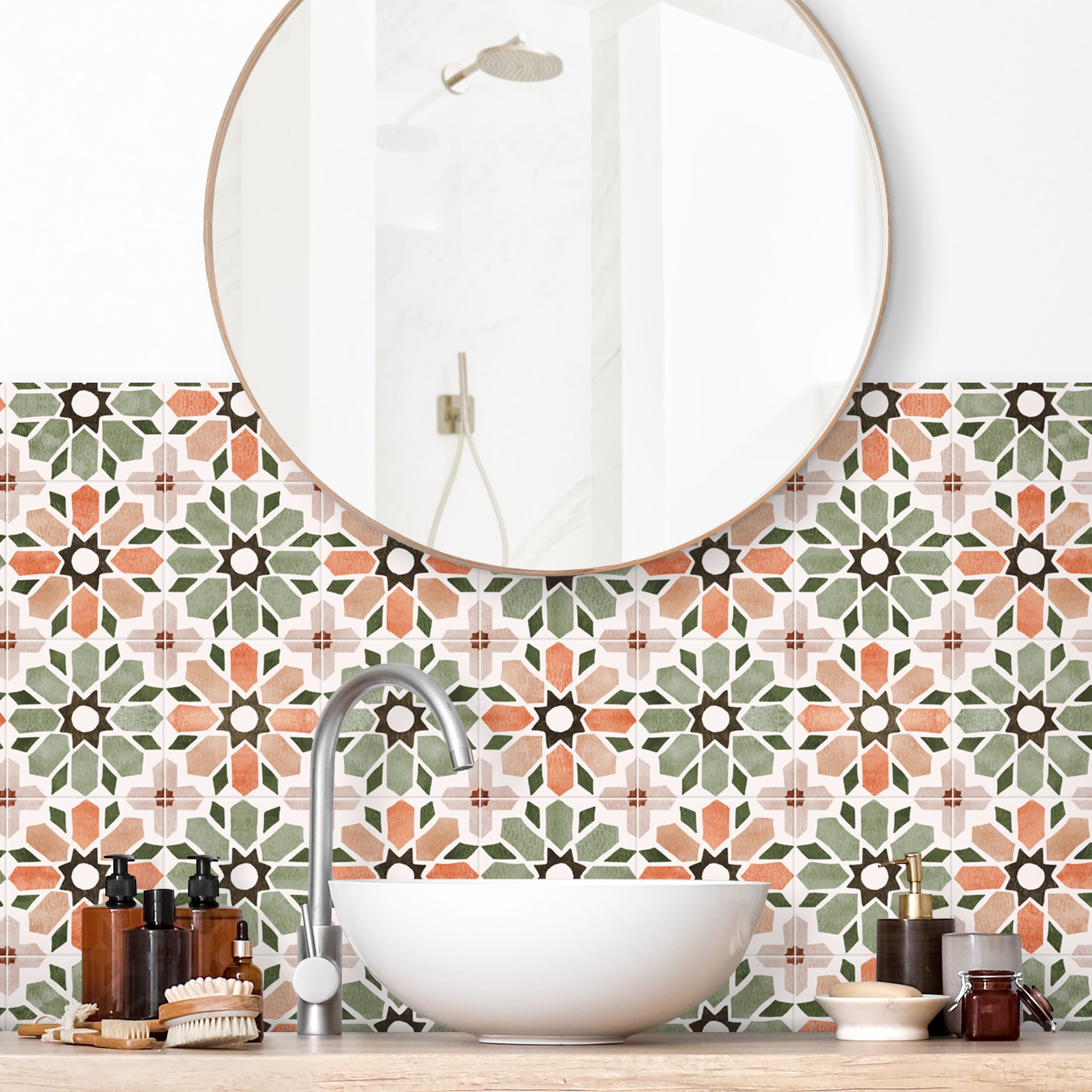 Wandverkleidung Bad Marokkanische Fliesen Grün und Apricot