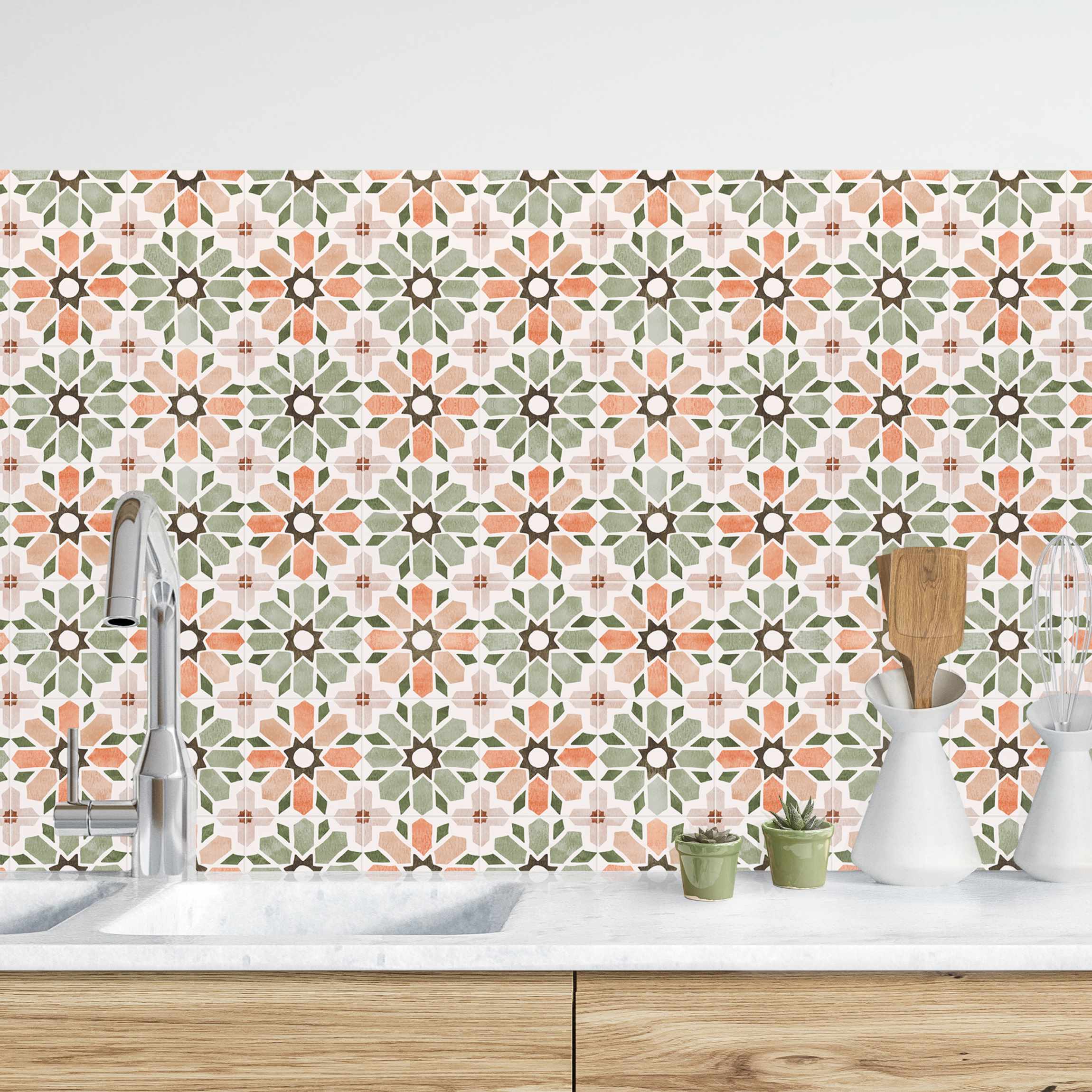 Küchenrückwand Marokkanische Fliesen Grün und Apricot