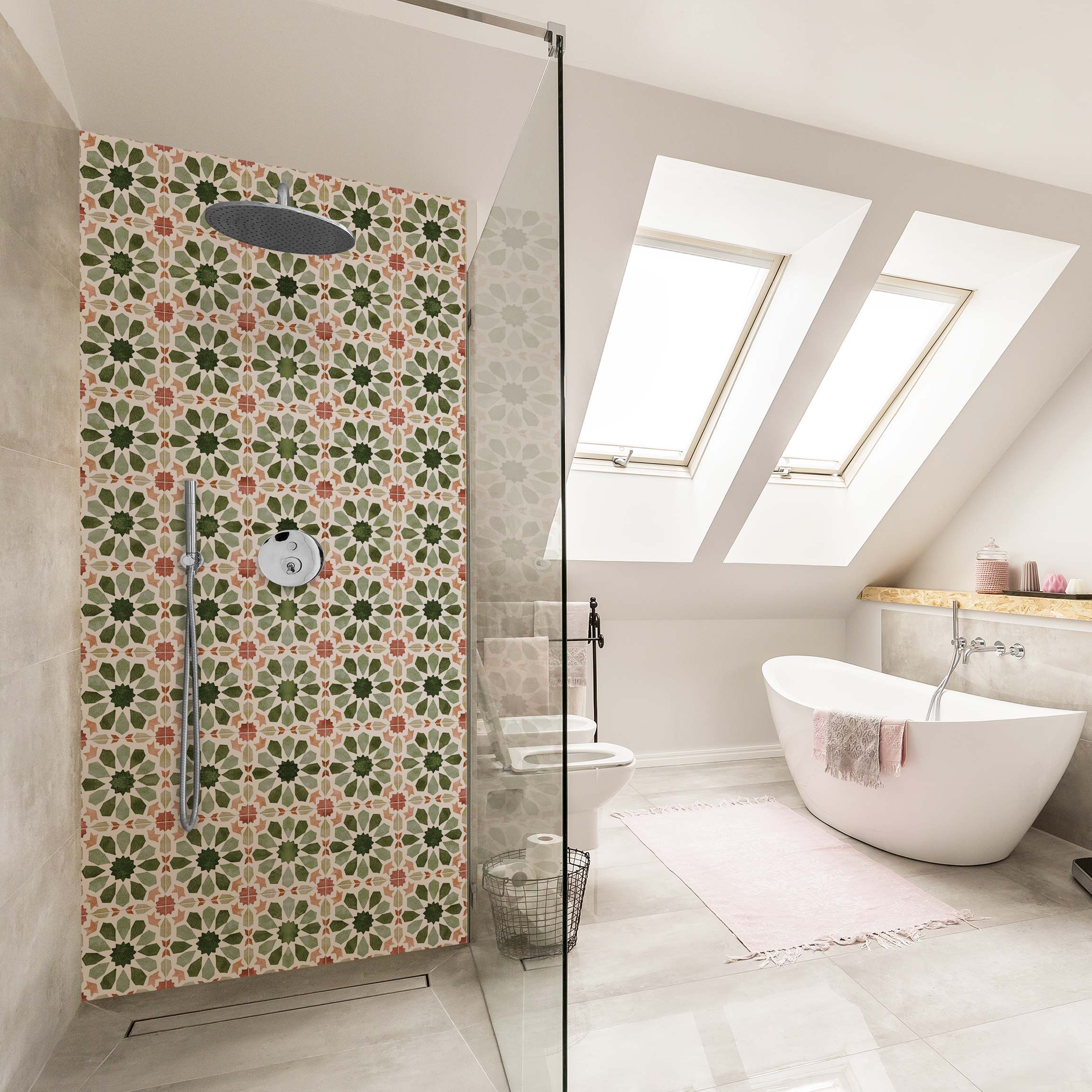 Duschrückwand Marokkanische Fliesen Grün und Rosa
