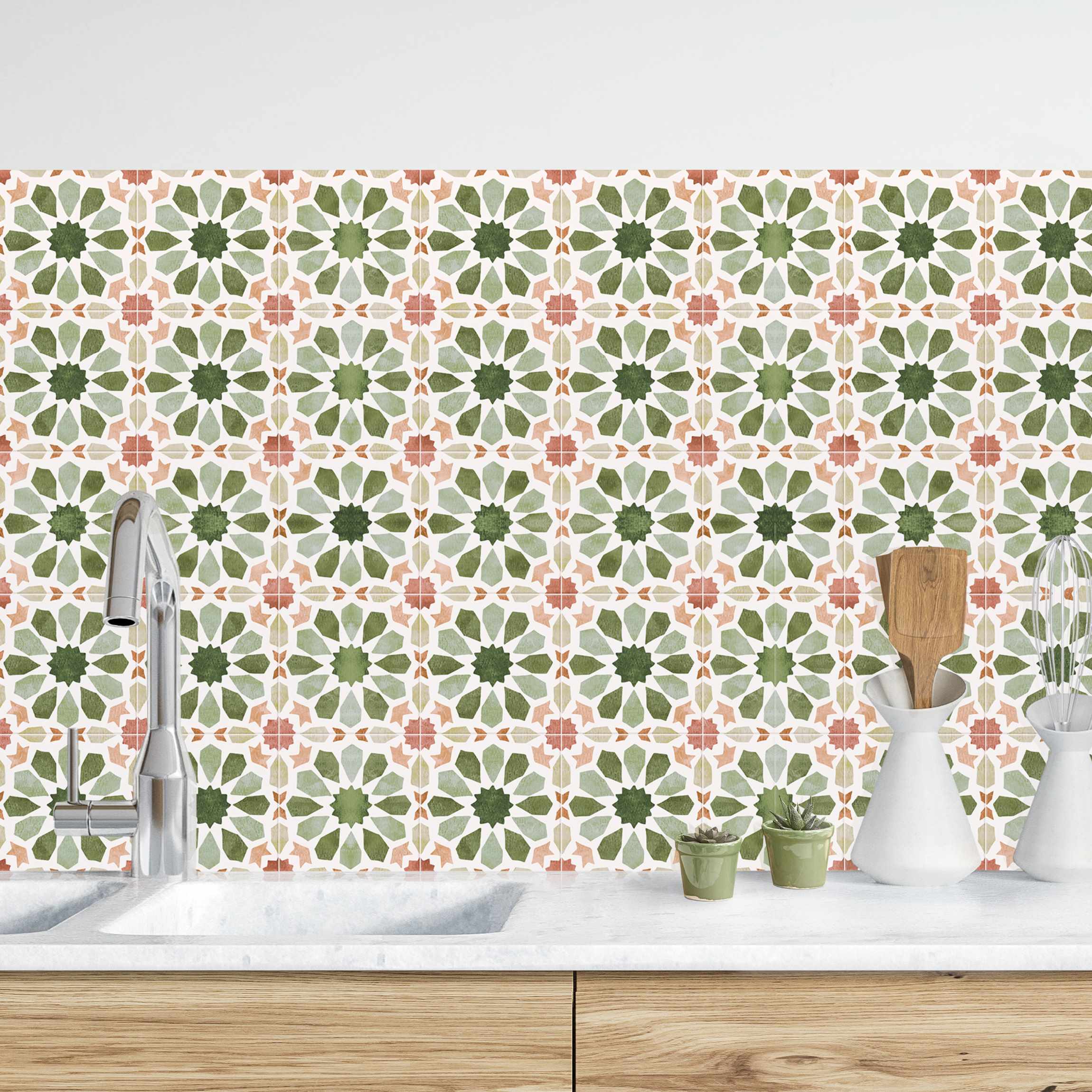 Küchenrückwand Marokkanische Fliesen Grün und Rosa