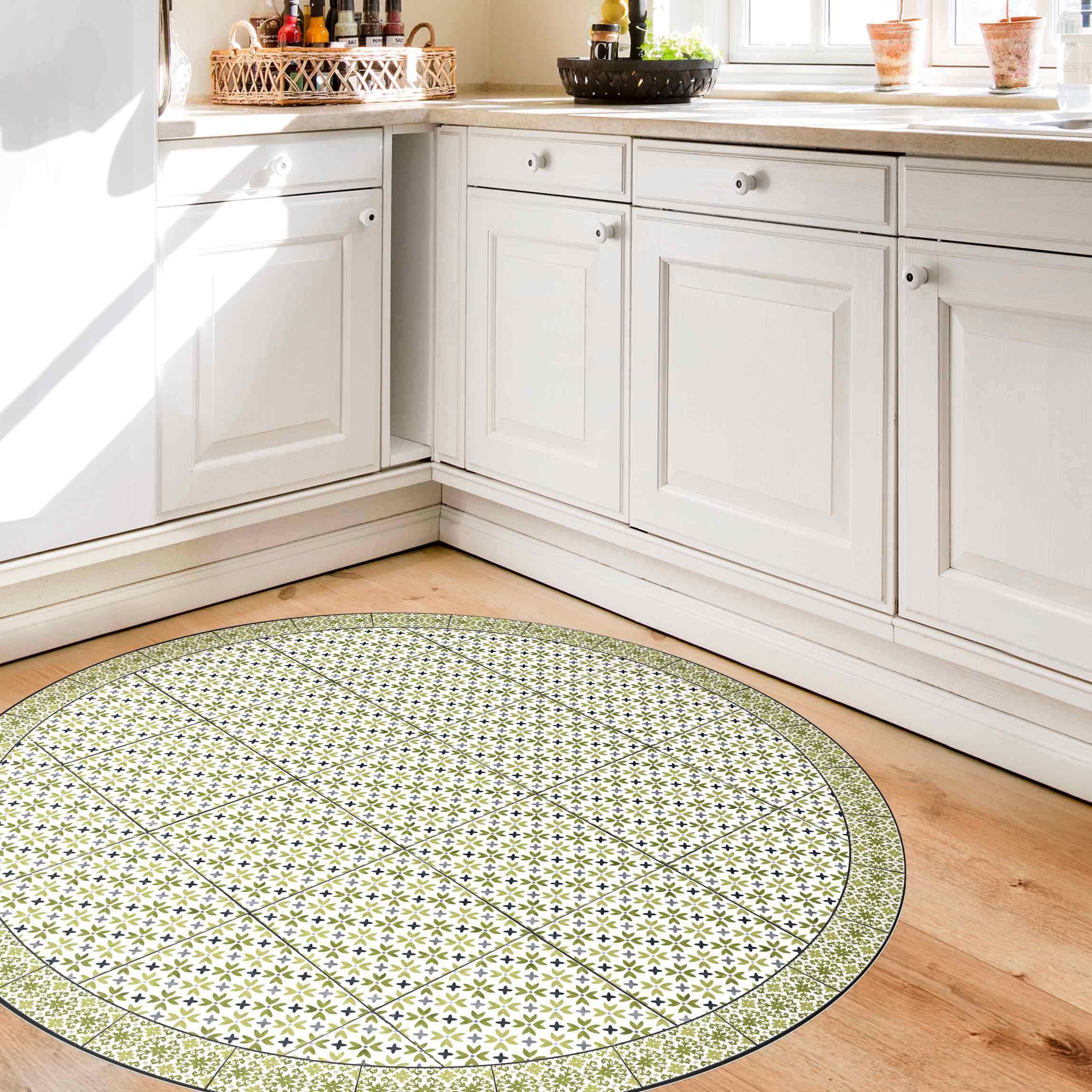 Runder Vinyl-Teppich Marokkanische Fliesen Grüne Blütenblätter mit Bordüre