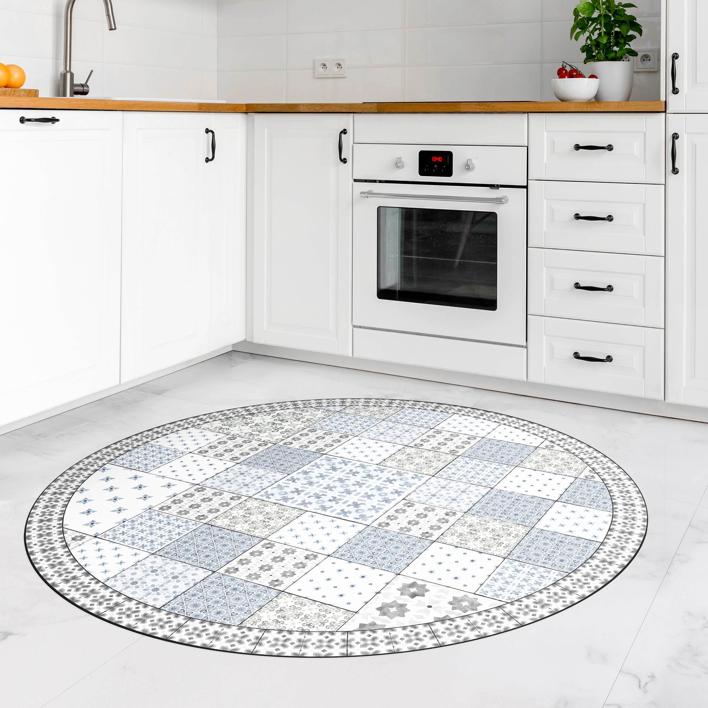 Runder Vinyl-Teppich Marokkanische Fliesen Kombination Rabat mit Fliesenrahmen