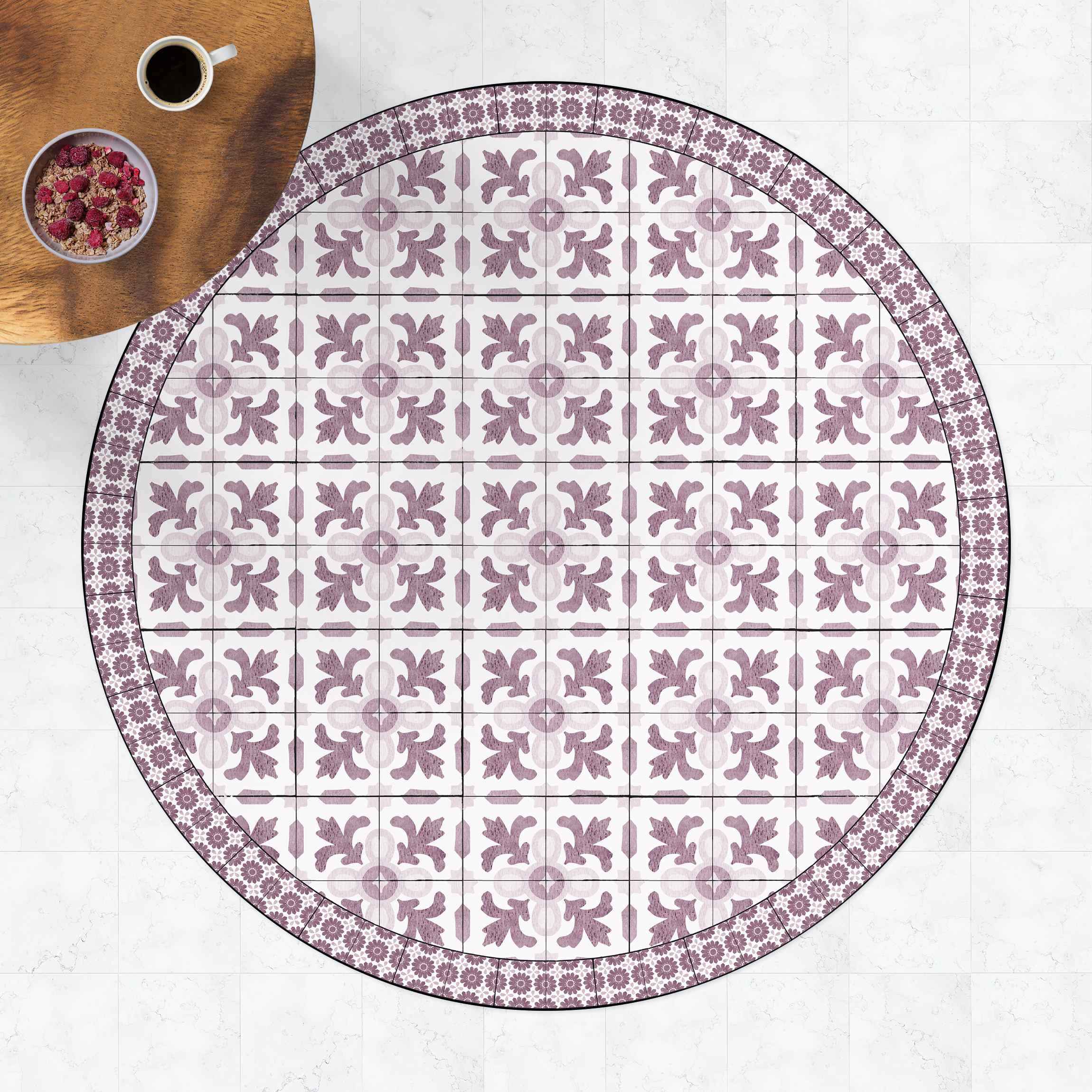 Runder Vinyl-Teppich Marokkanische Fliesen mit Ornamenten mit Fliesenrahmen