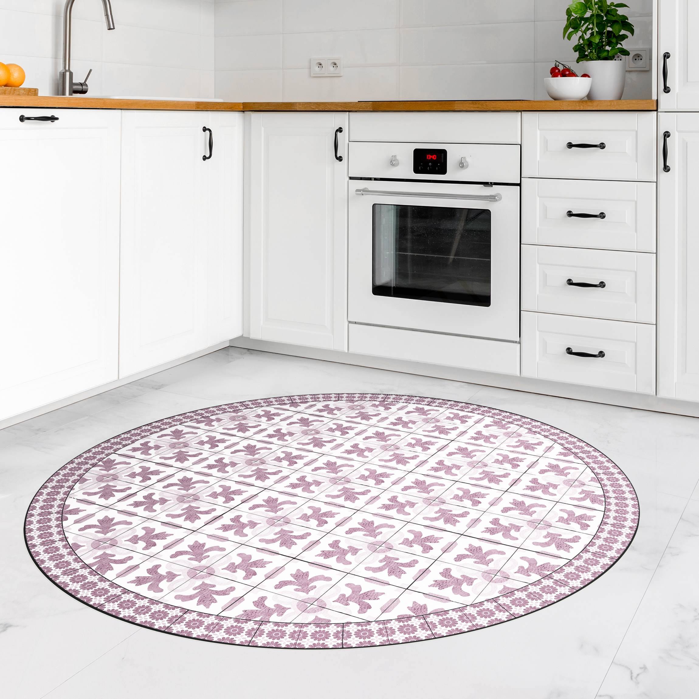 Runder Vinyl-Teppich Marokkanische Fliesen mit Ornamenten mit Fliesenrahmen