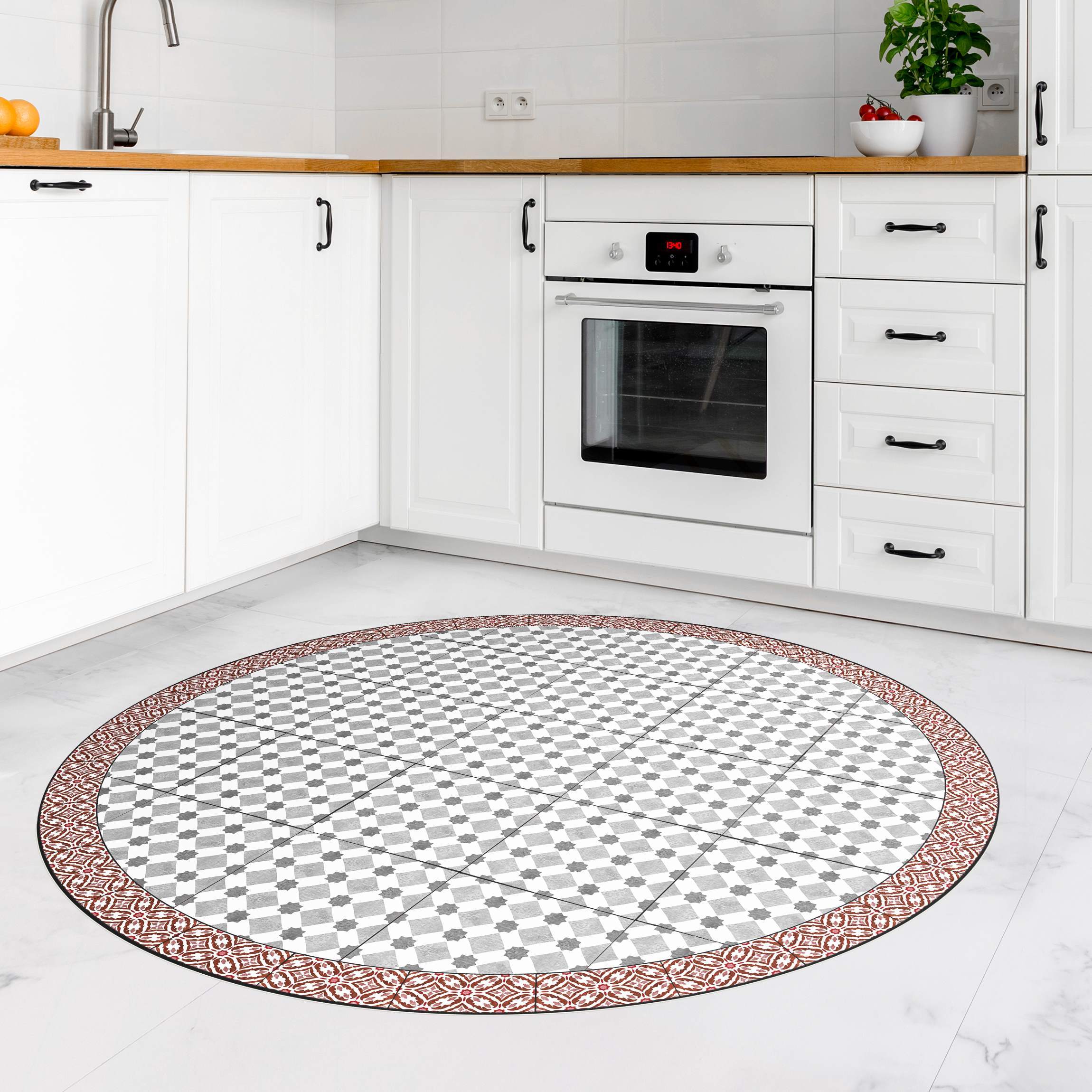 Runder Vinyl-Teppich Marokkanische Fliesen Sterne und Quadrate mit Bordüre