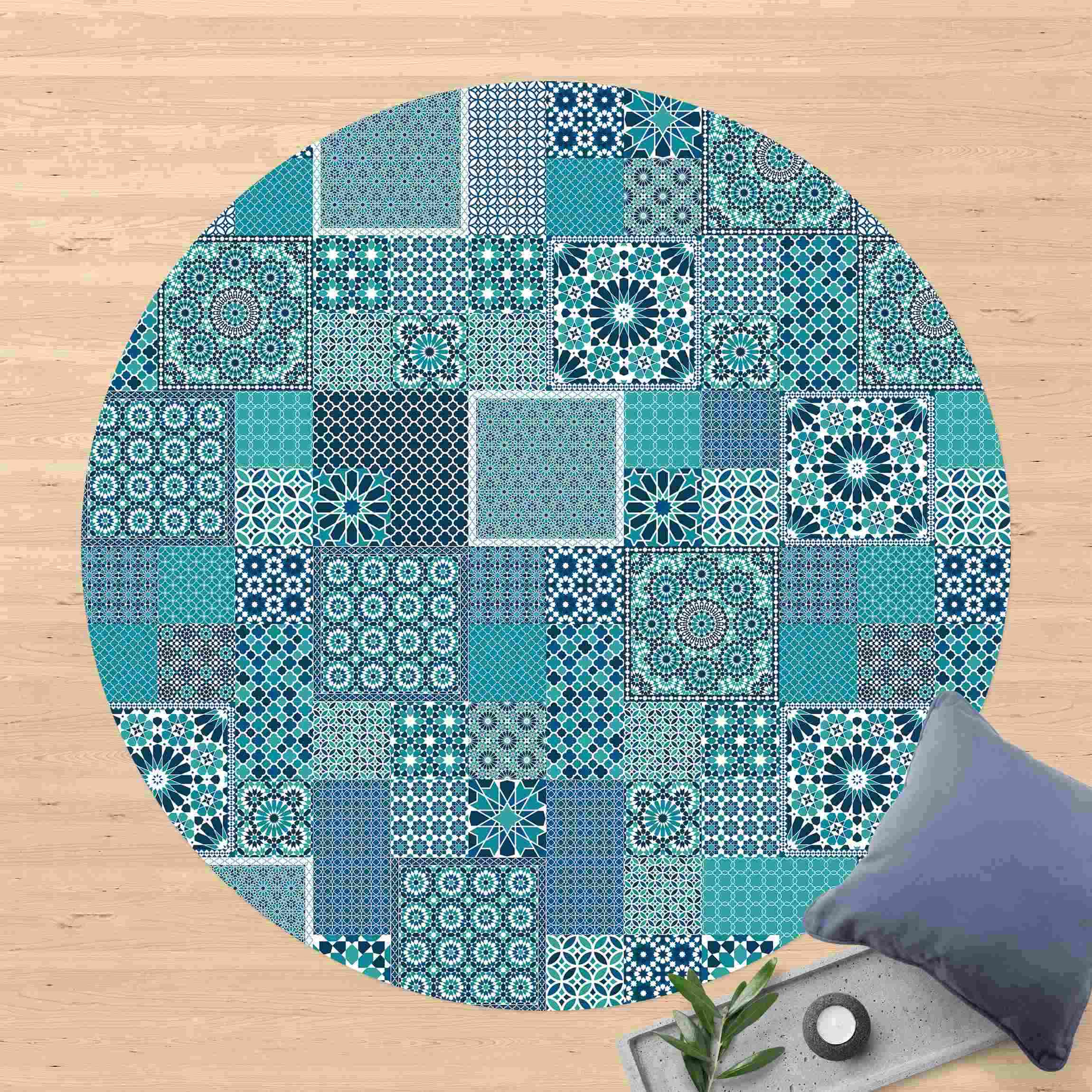 Runder Vinyl-Teppich Marokkanische Mosaikfliesen türkis blau