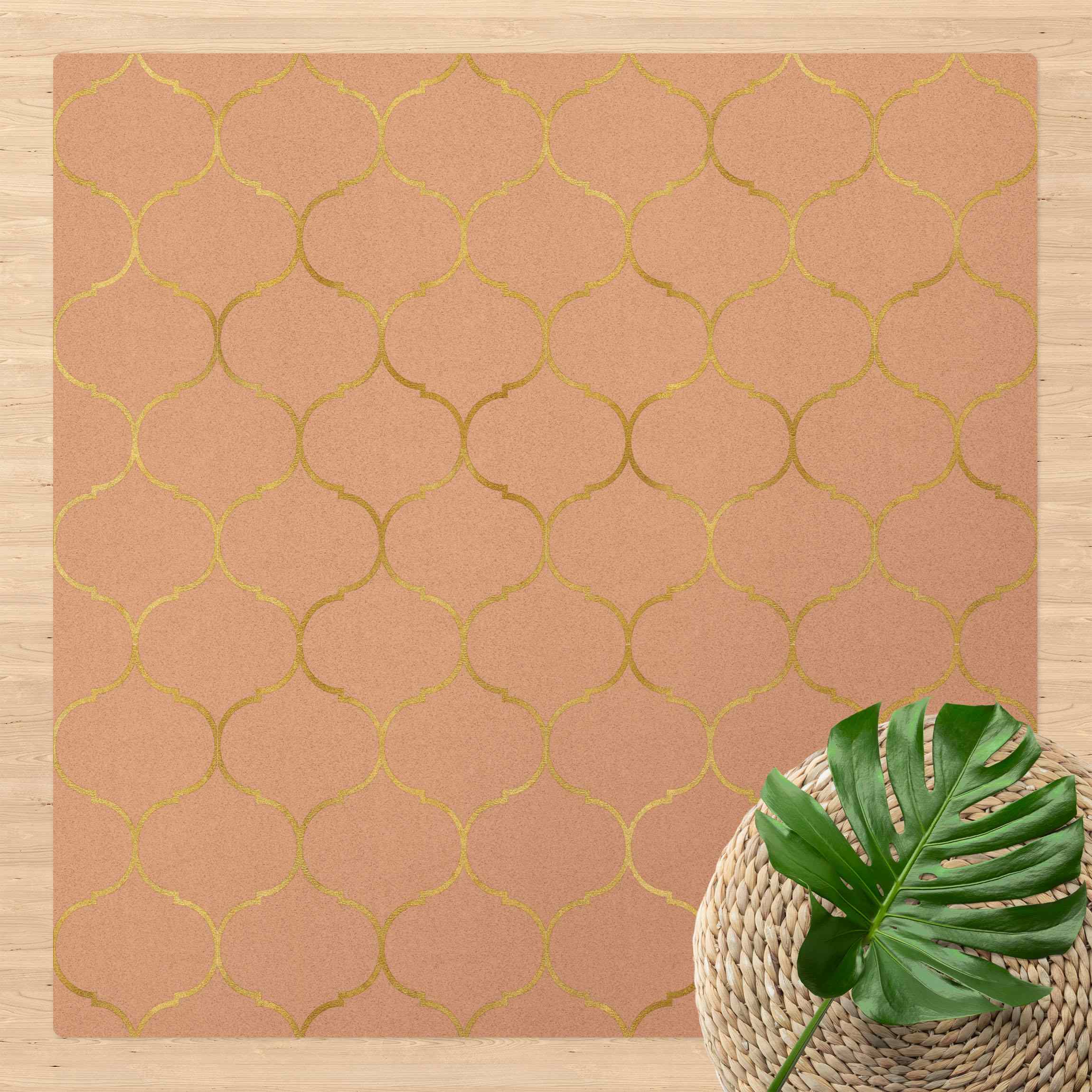 Kork-Teppich Marokkanisches Aquarell Linienmuster Gold