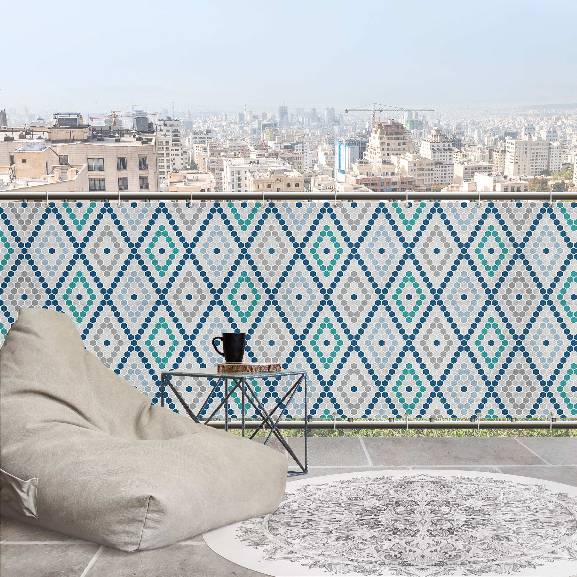 Balkon Sichtschutz Marokkanisches Fliesenmuster Türkis Blau