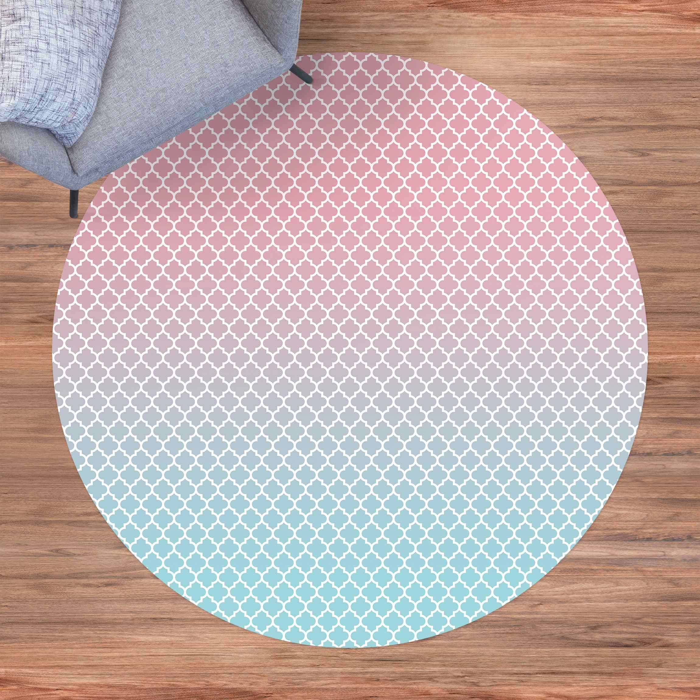 Runder Vinyl-Teppich Marokkanisches Muster mit Verlauf in Rosa Blau