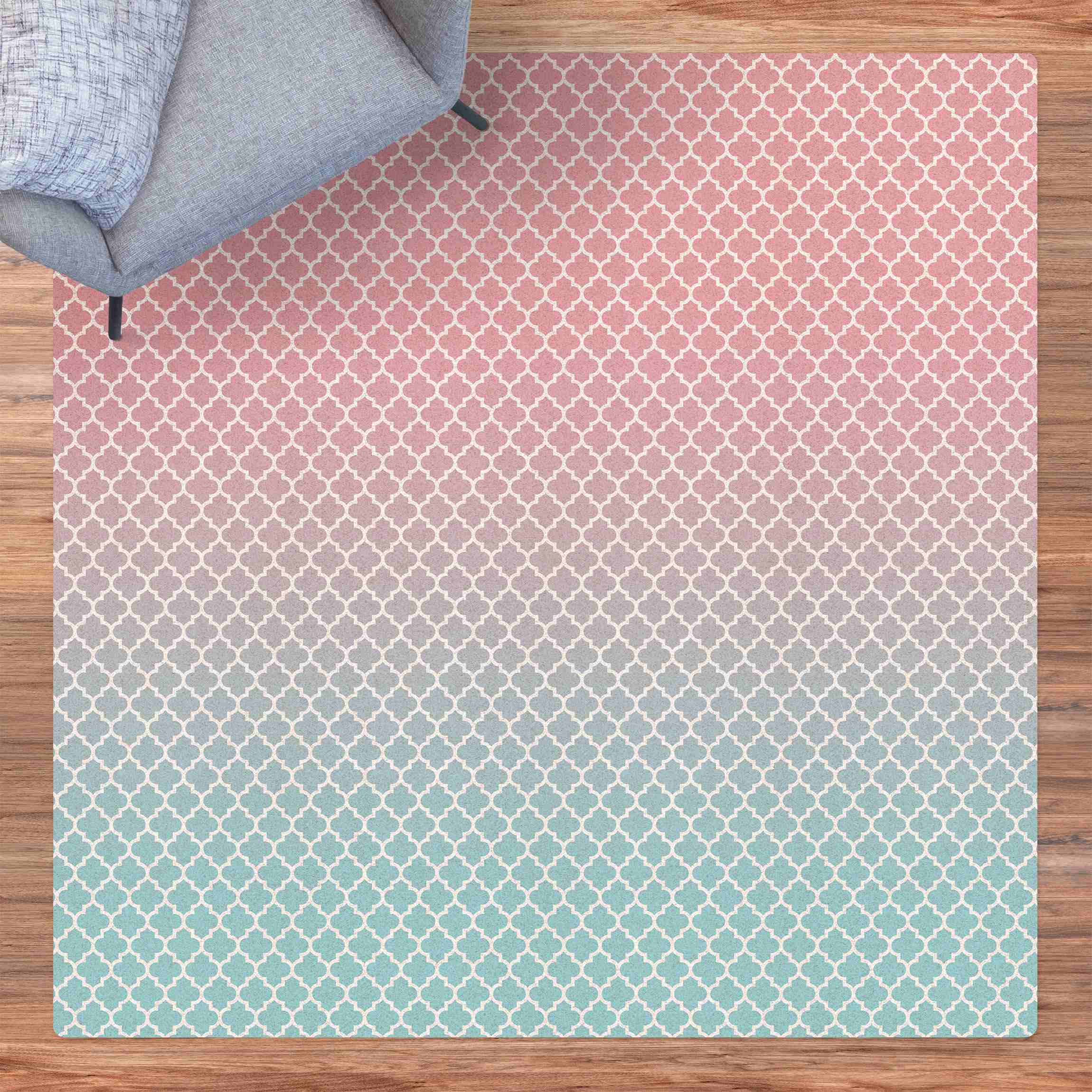 Kork-Teppich Marokkanisches Muster mit Verlauf in Rosa Blau