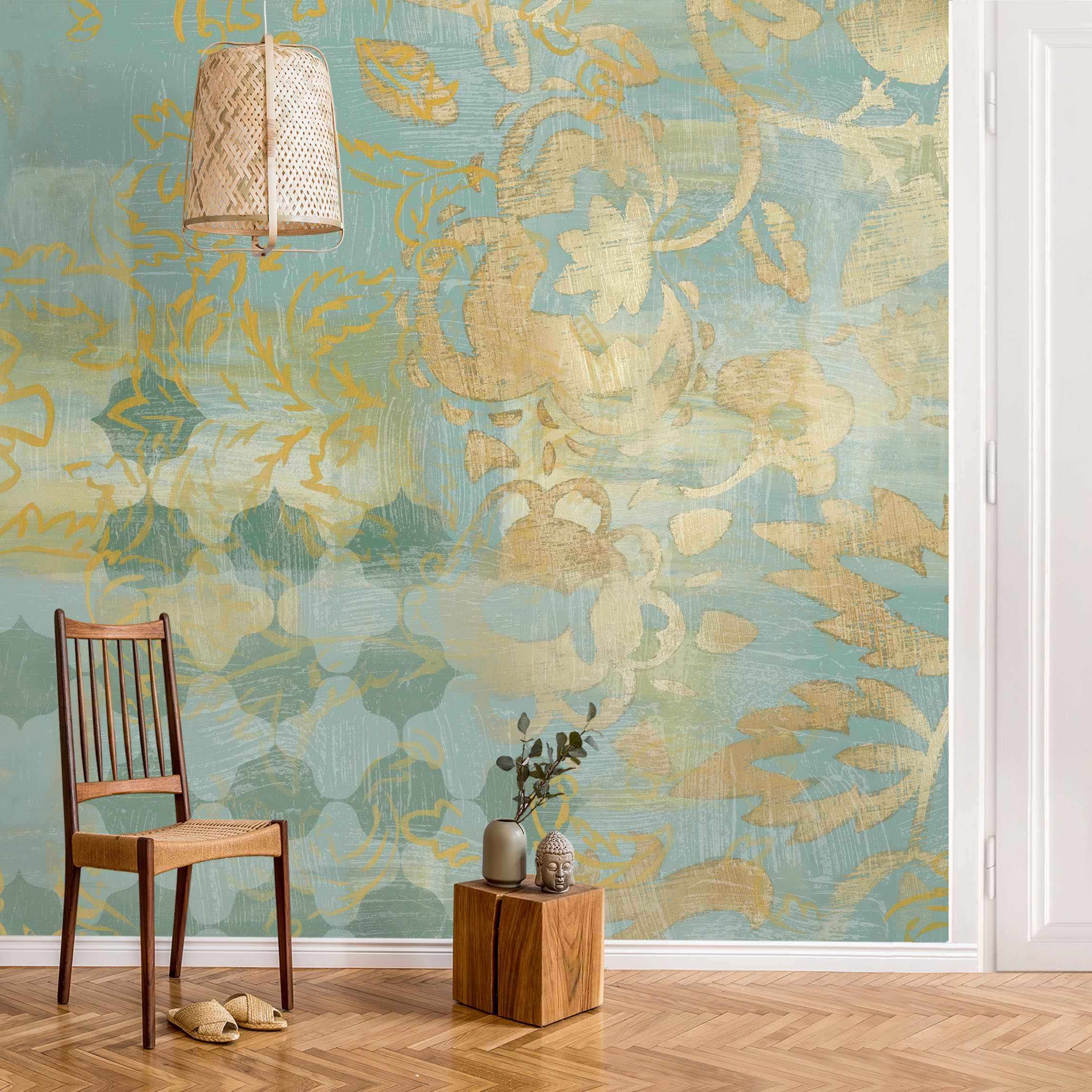 Mustertapete Marokkanische Collage in Gold und Türkis II