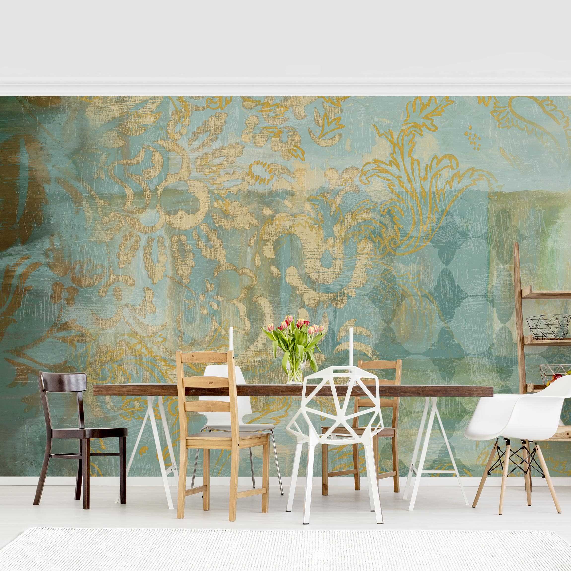 Mustertapete Marokkanische Collage in Gold und Türkis