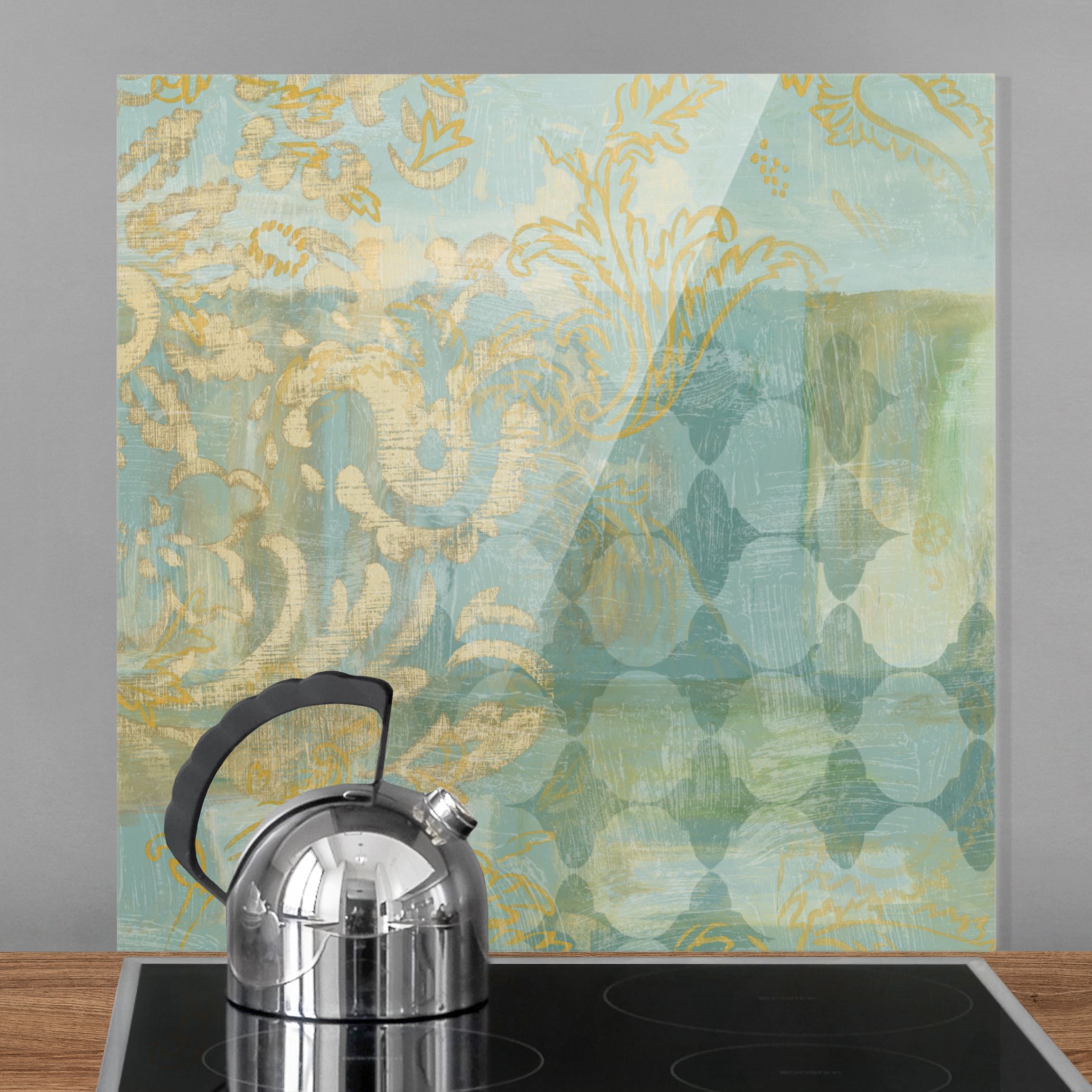 Glas Spritzschutz Marokkanische Collage in Gold und Türkis