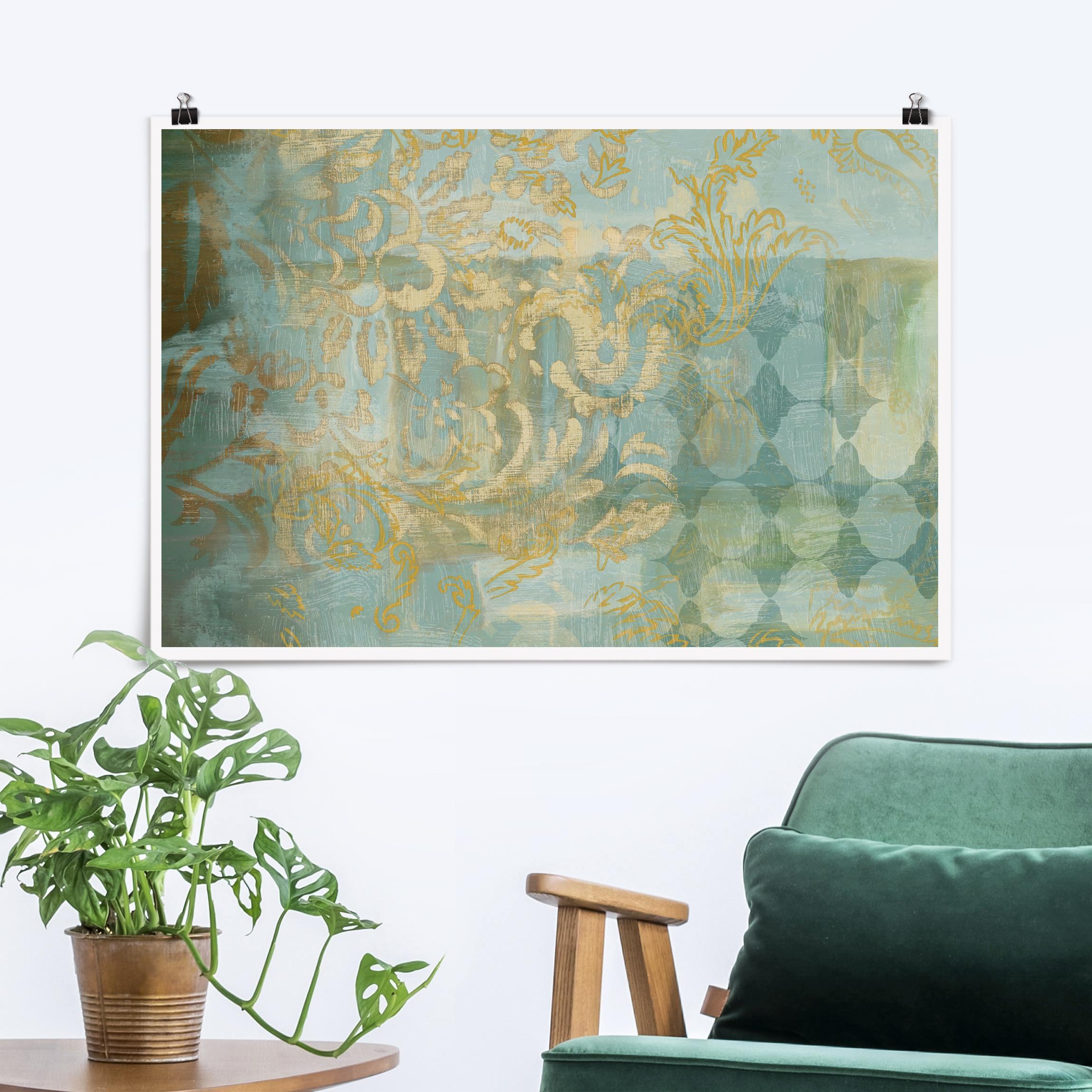 Poster Marokkanische Collage in Gold und Türkis