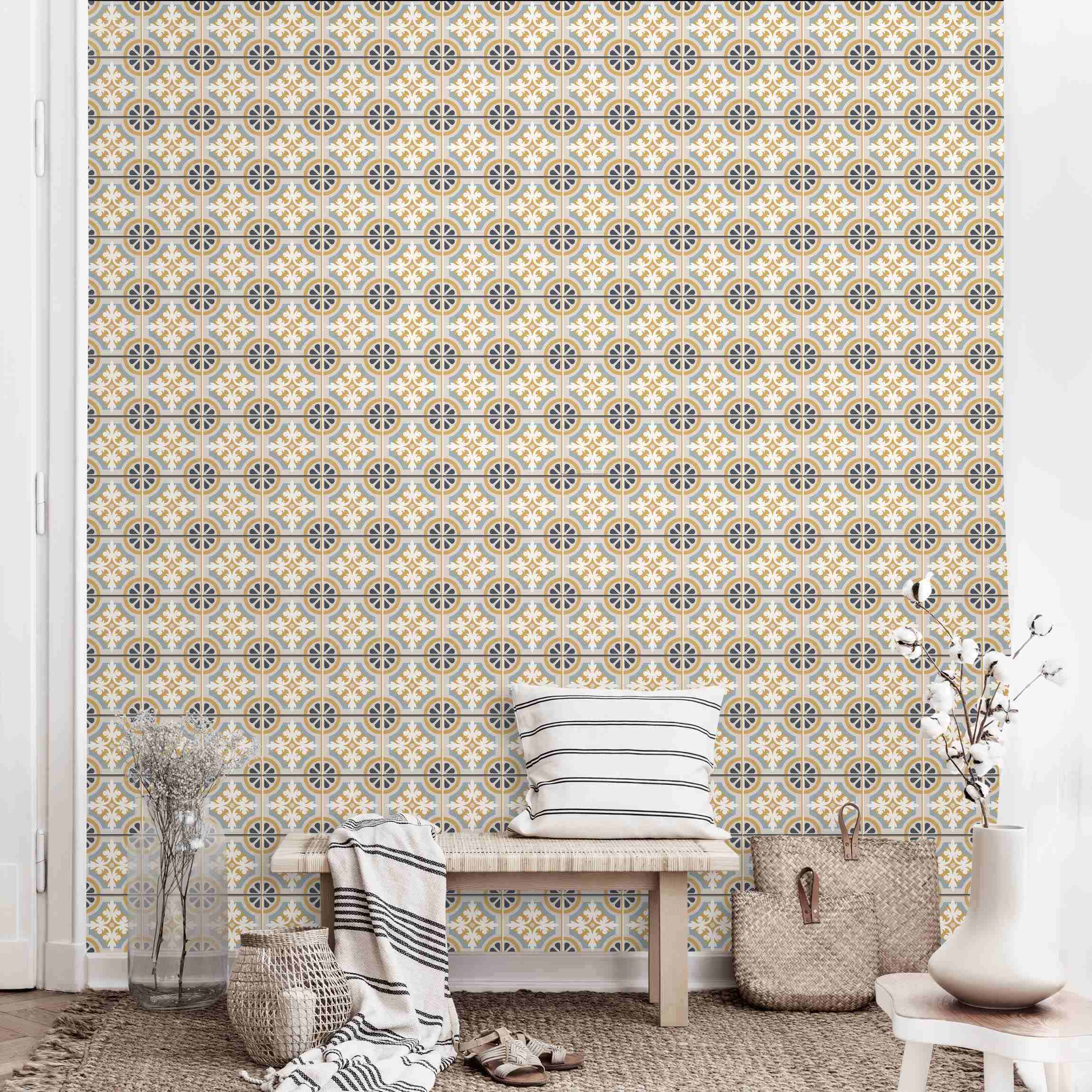 Mustertapete Marokkanische Fliesen in Blau und Ocker