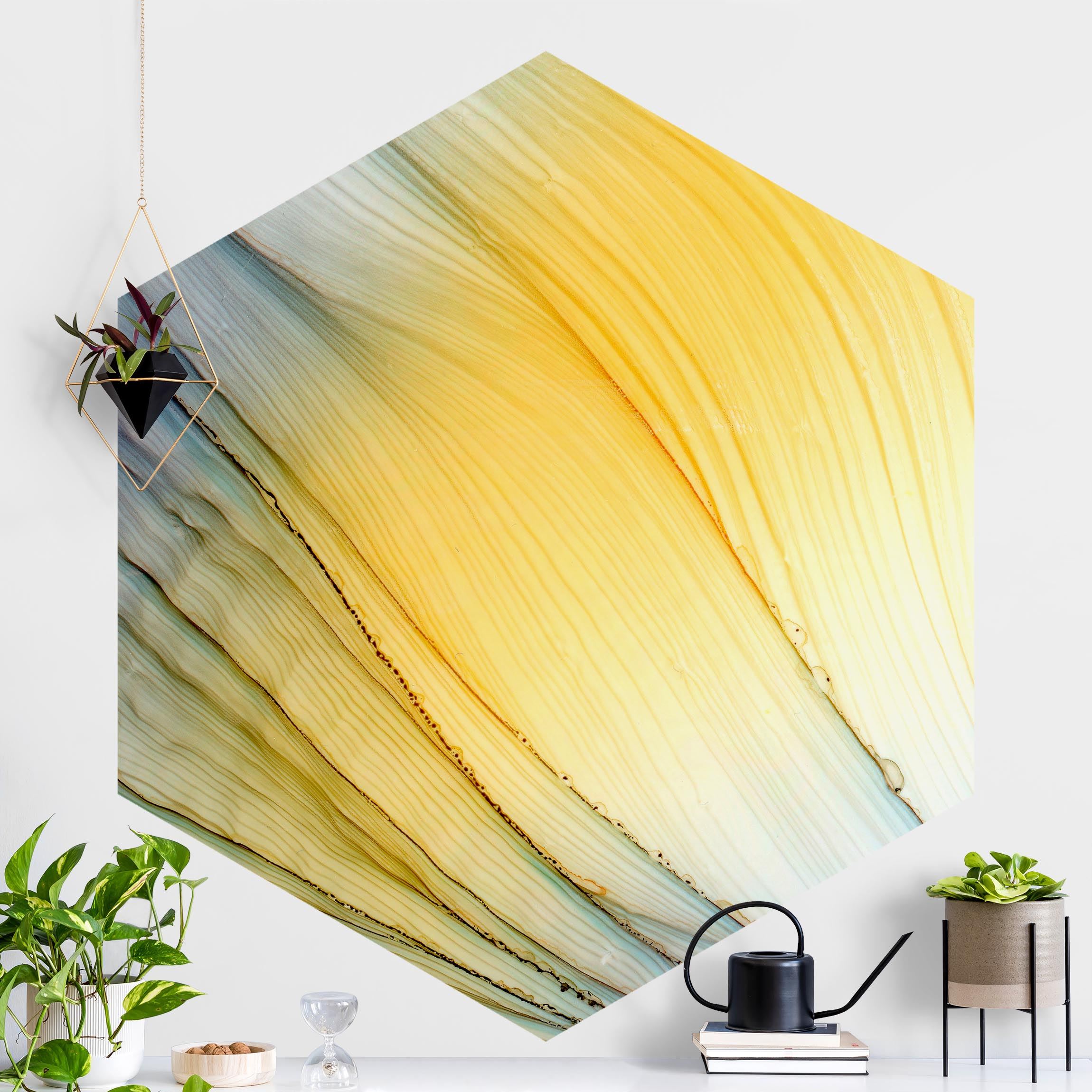 Hexagon Fototapete Melierter Farbtanz in Honig