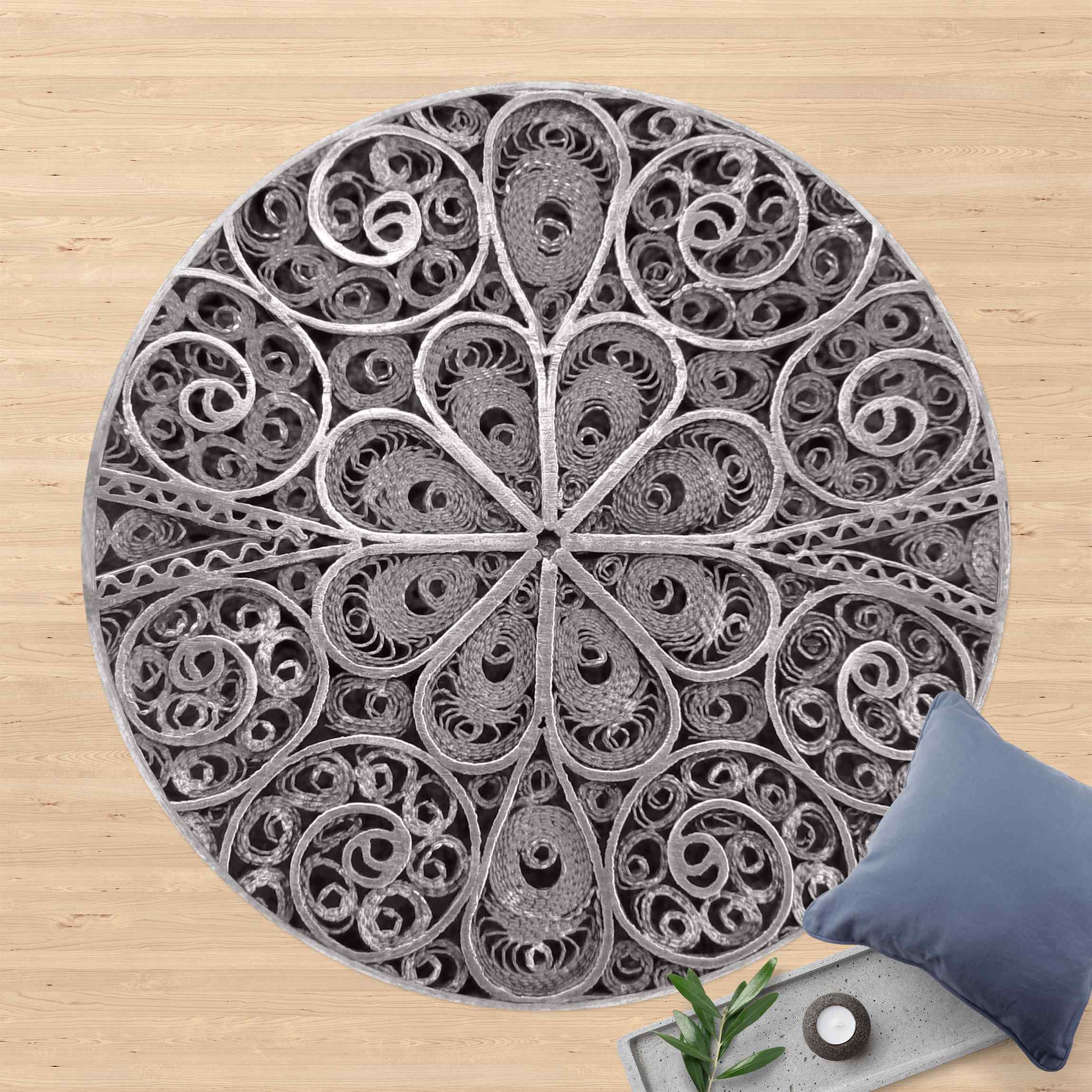 Runder Vinyl-Teppich Metall Ornamentik Mandala in Silber