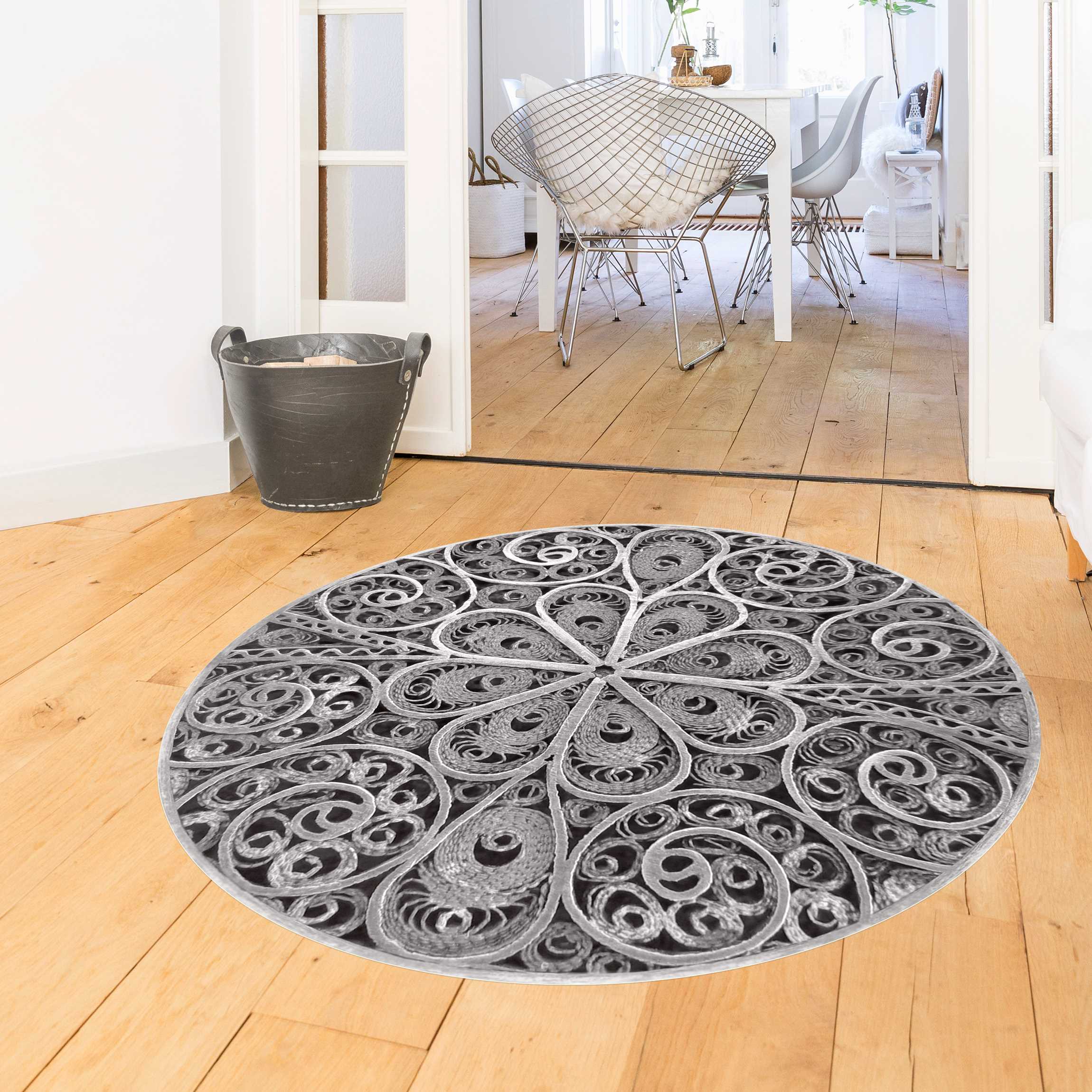 Runder Vinyl-Teppich Metall Ornamentik Mandala in Silber