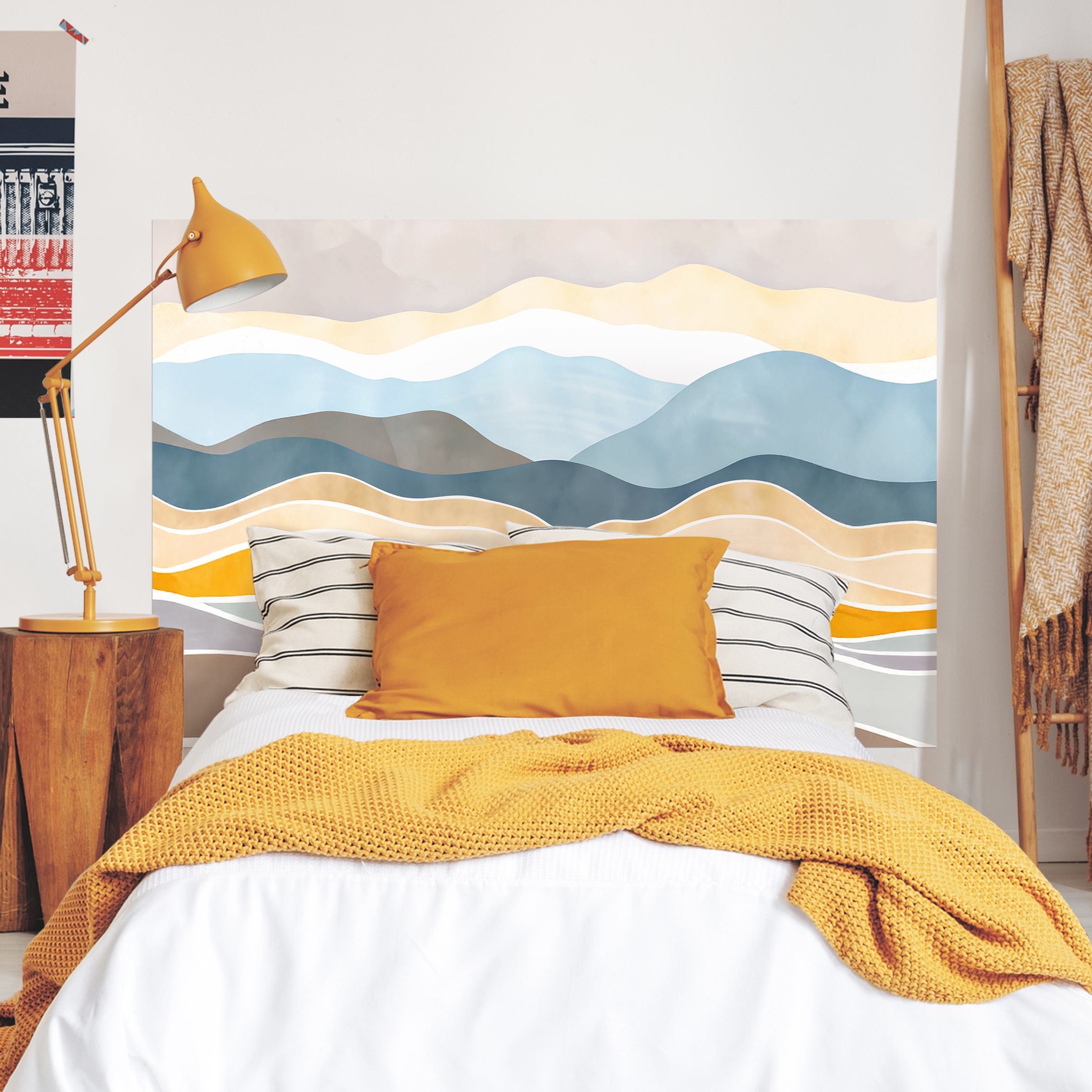 Kopfteil Bett Minimalistische Boho Landschaft Gelb Pastellblau