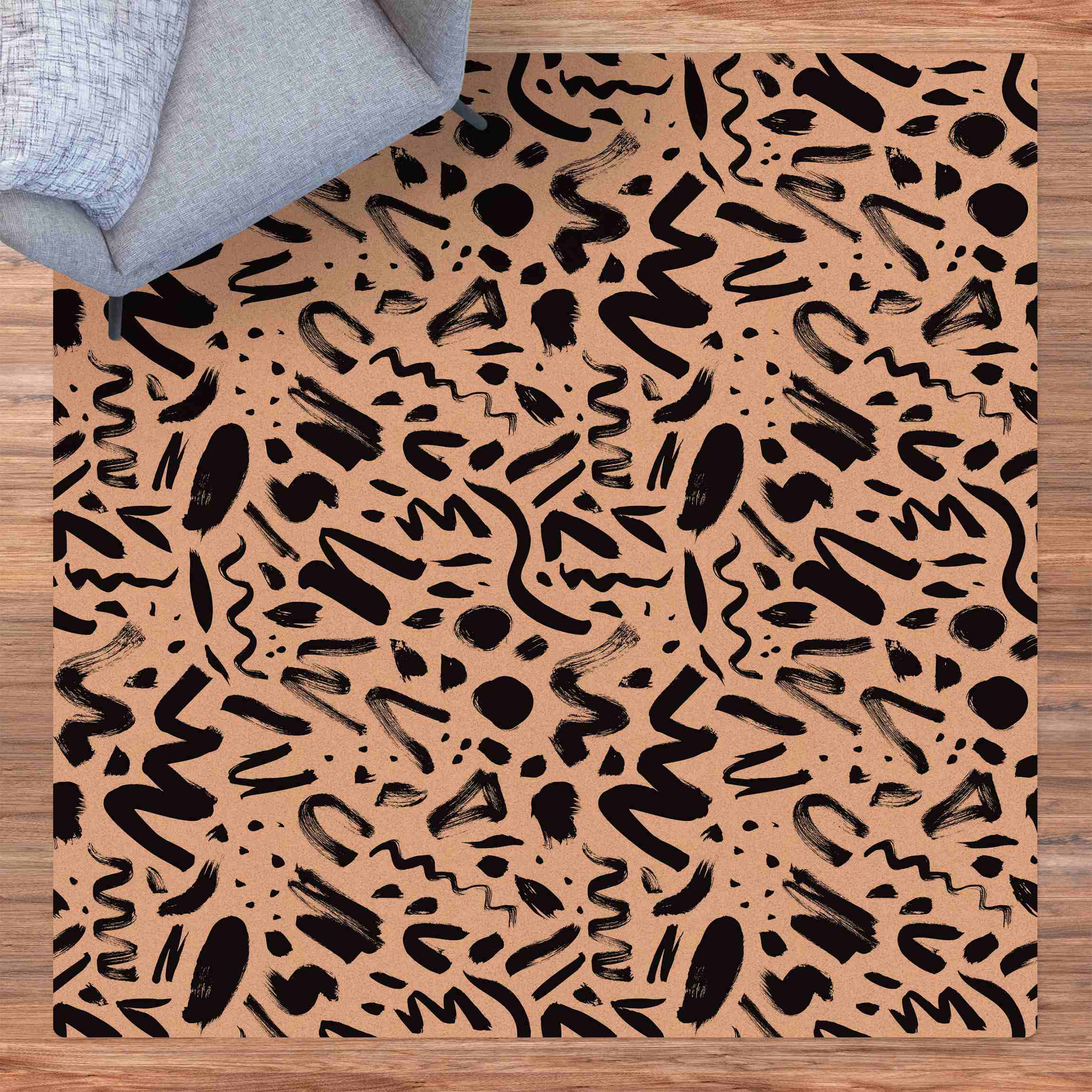 Kork-Teppich Moderne Pinselstriche in Schwarz