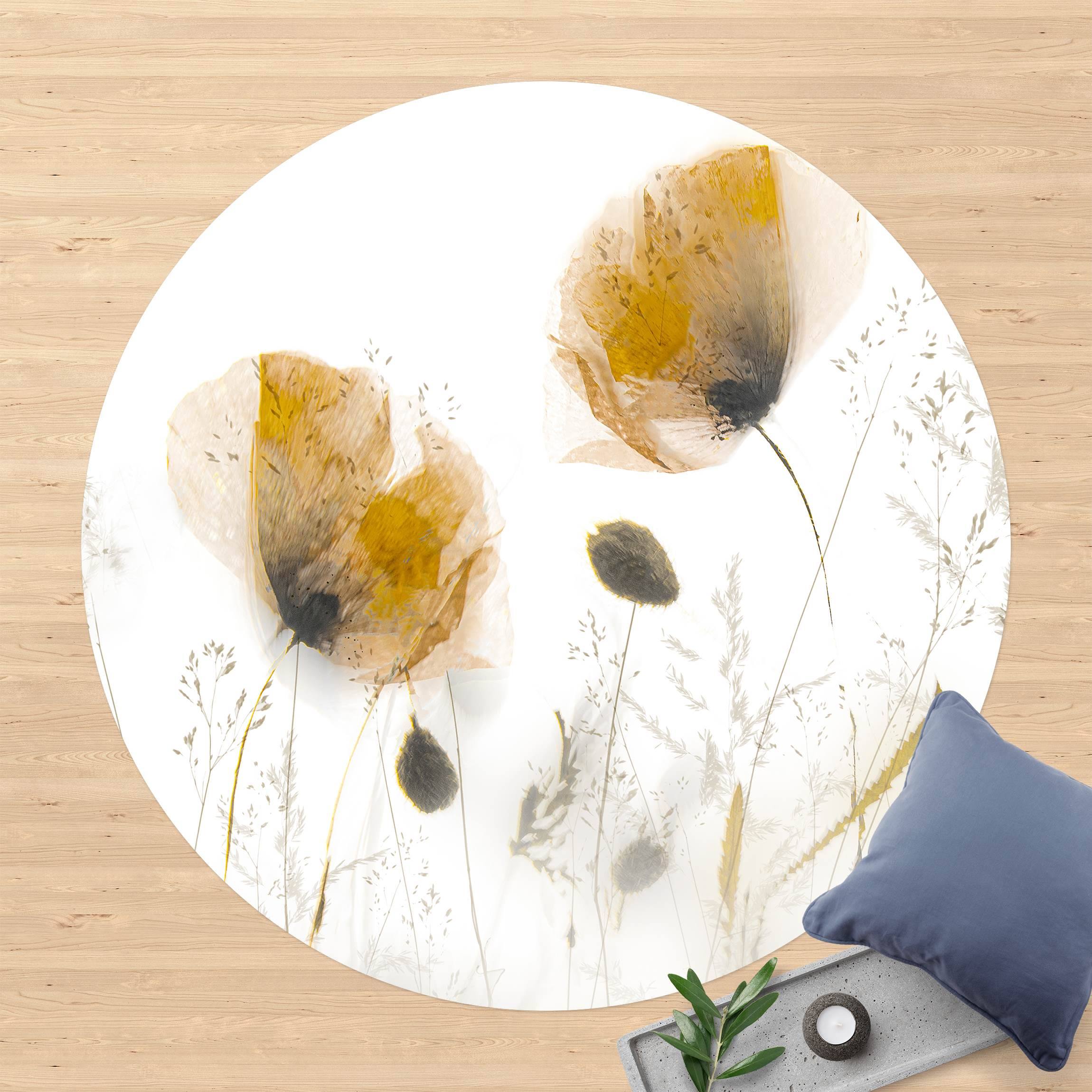 Runder Vinyl-Teppich Mohnblumen und zarte Gräser im weichen Nebel