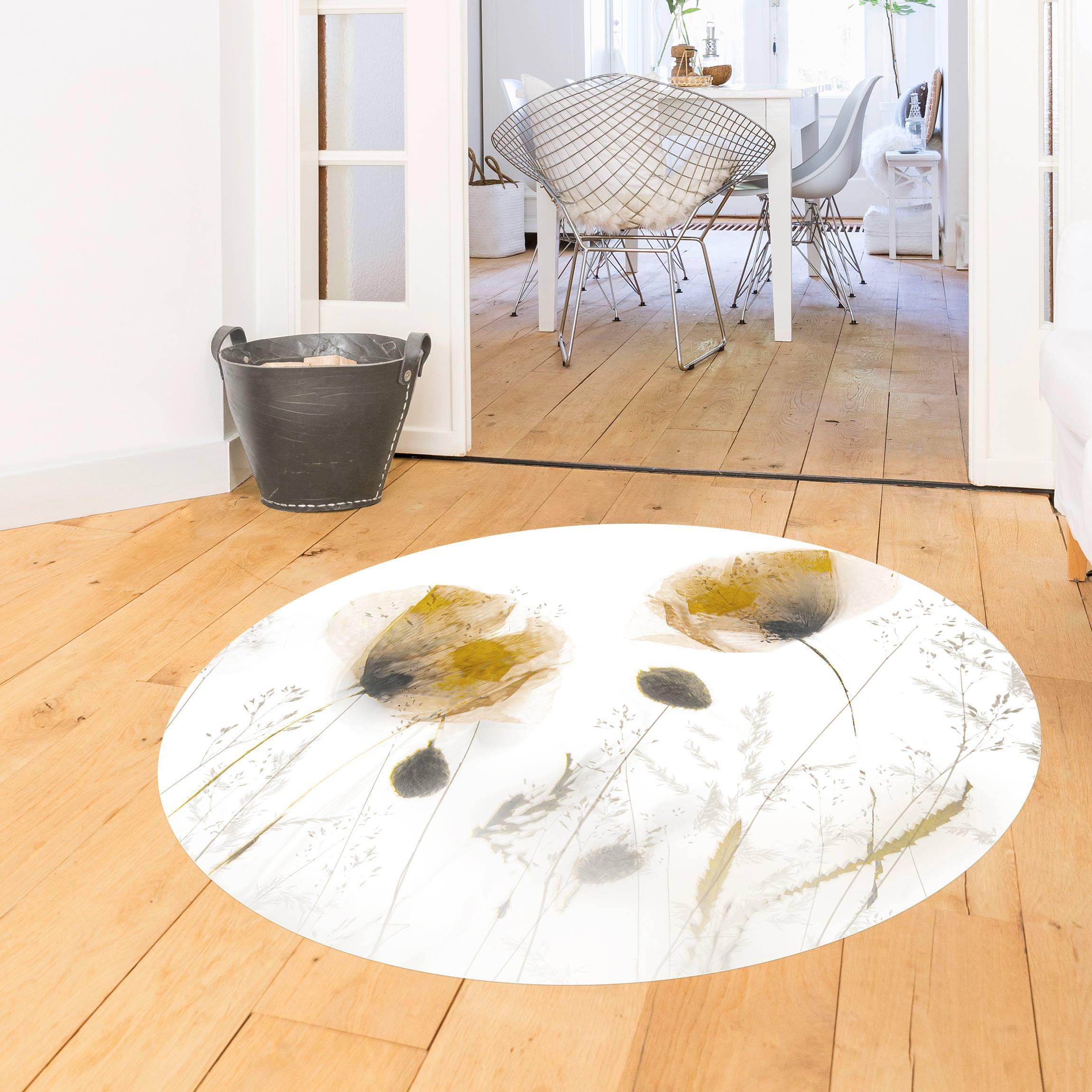 Runder Vinyl-Teppich Mohnblumen und zarte Gräser im weichen Nebel