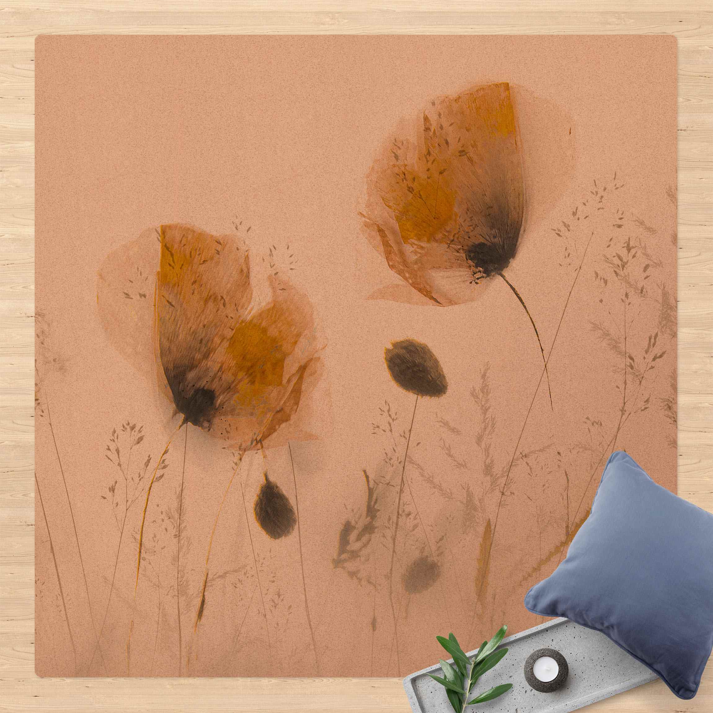 Kork-Teppich Mohnblumen und zarte Gräser im weichen Nebel