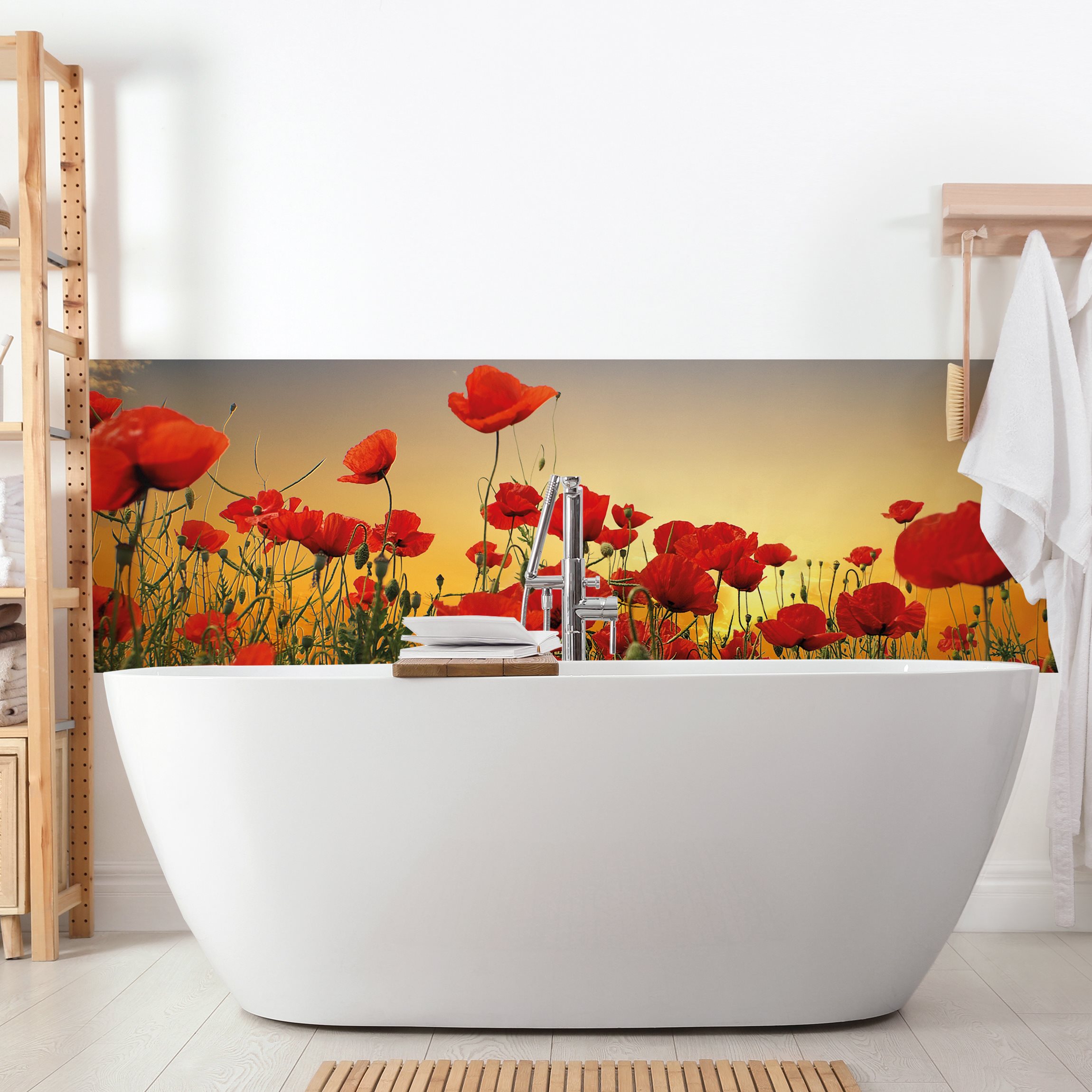 Wandverkleidung Bad Mohnblumenfeld im Sonnenuntergang