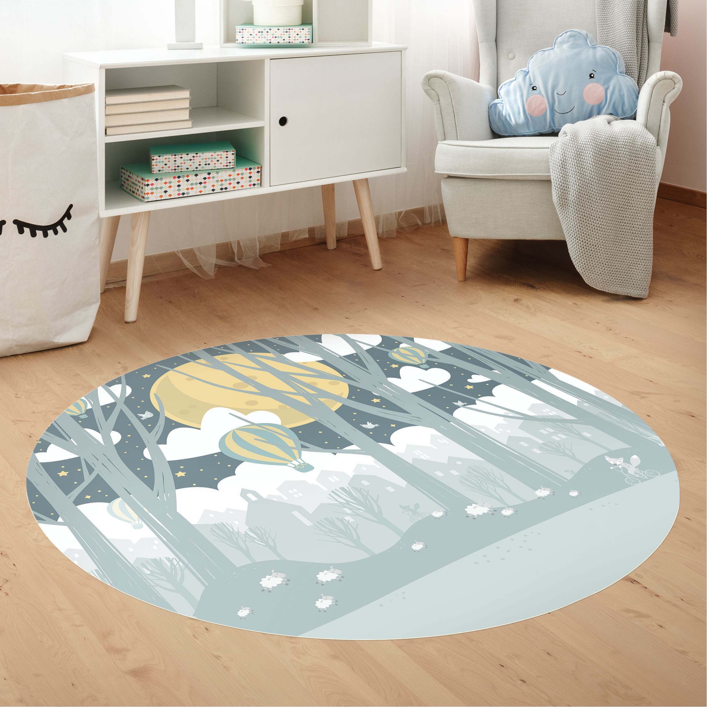 Runder Vinyl-Teppich Mond mit Bäumen und Häusern