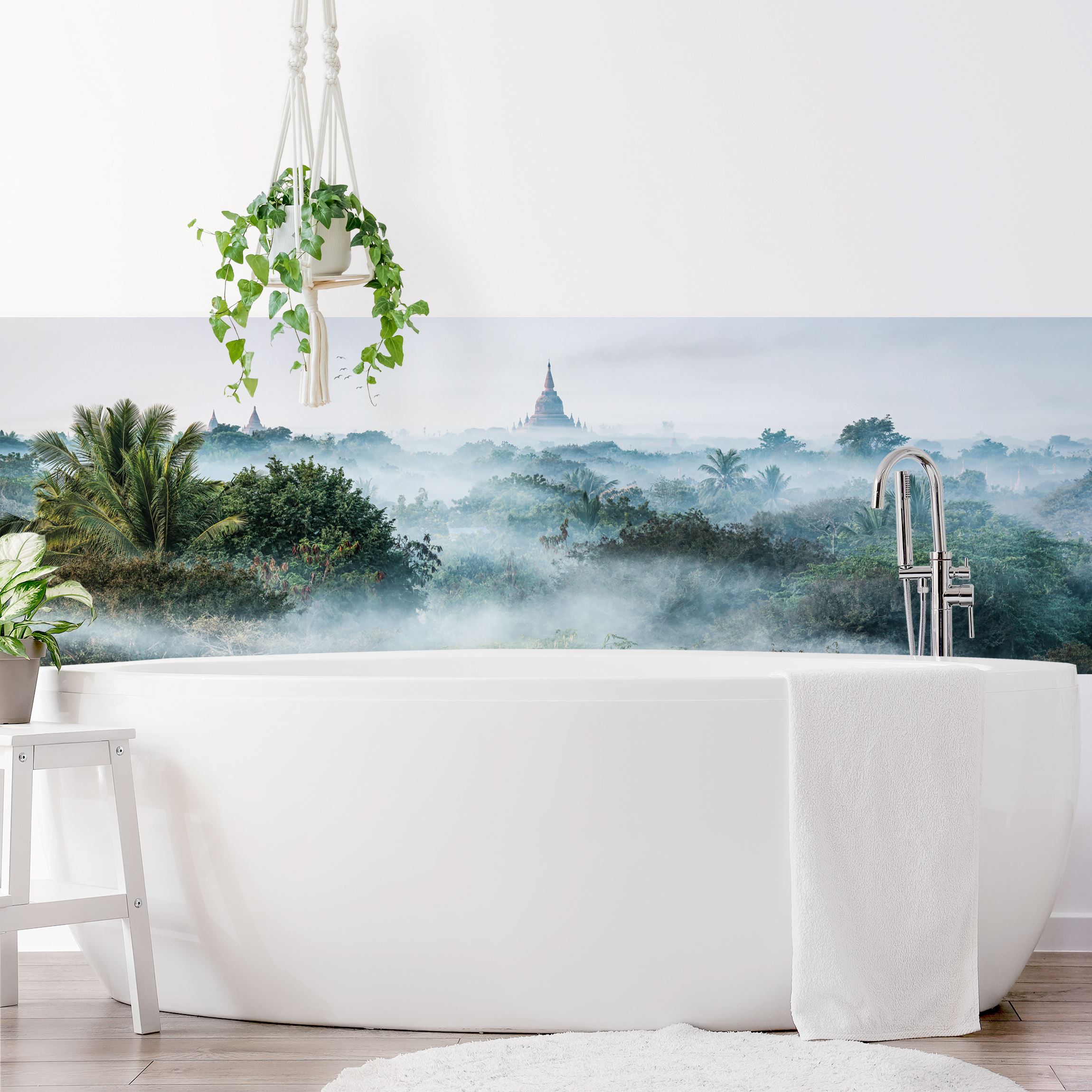 Wandverkleidung Bad Morgennebel über dem Dschungel von Bagan