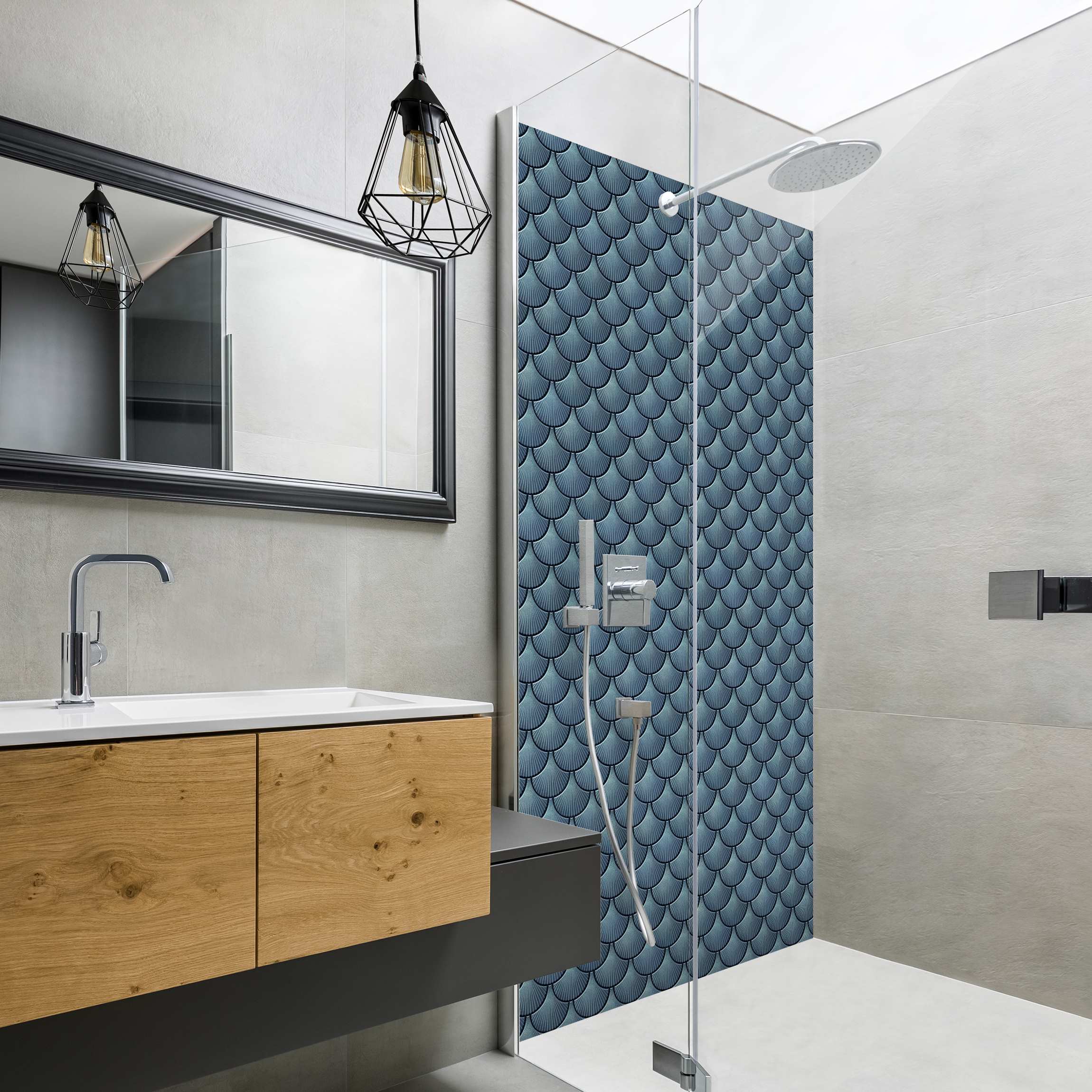 Duschrückwand Muschel Fliesen Keramikoptik Blau