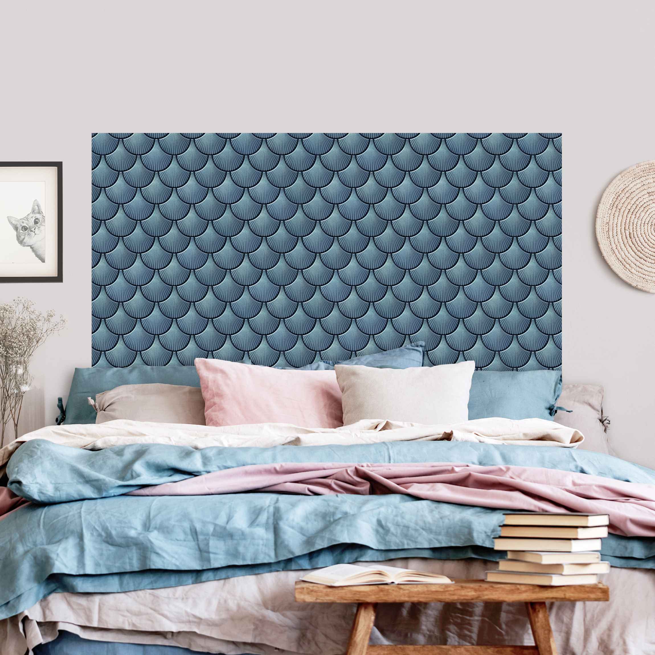 Kopfteil Bett Muschel Fliesen Keramikoptik Blau