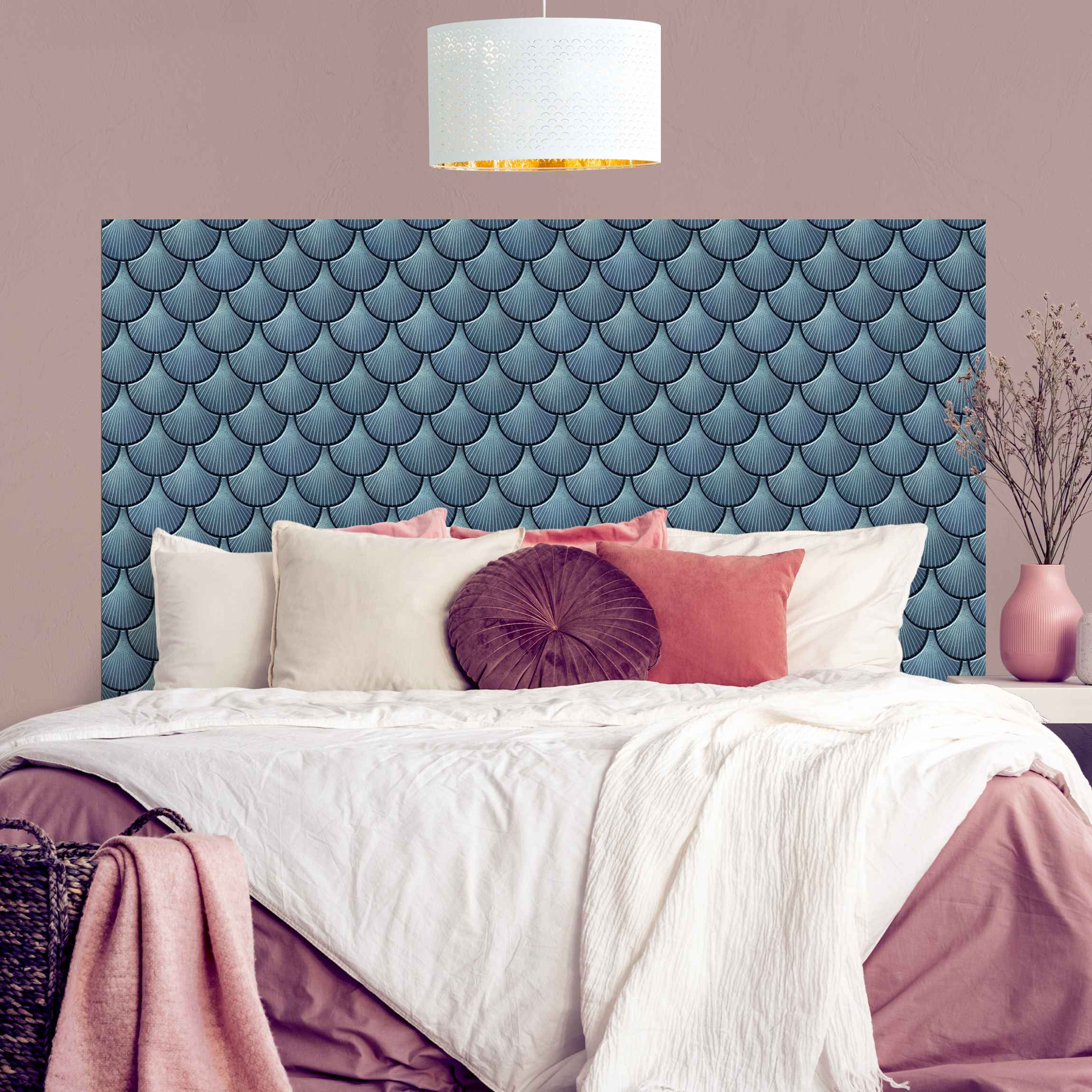 Kopfteil Bett Muschel Fliesen Keramikoptik Blau