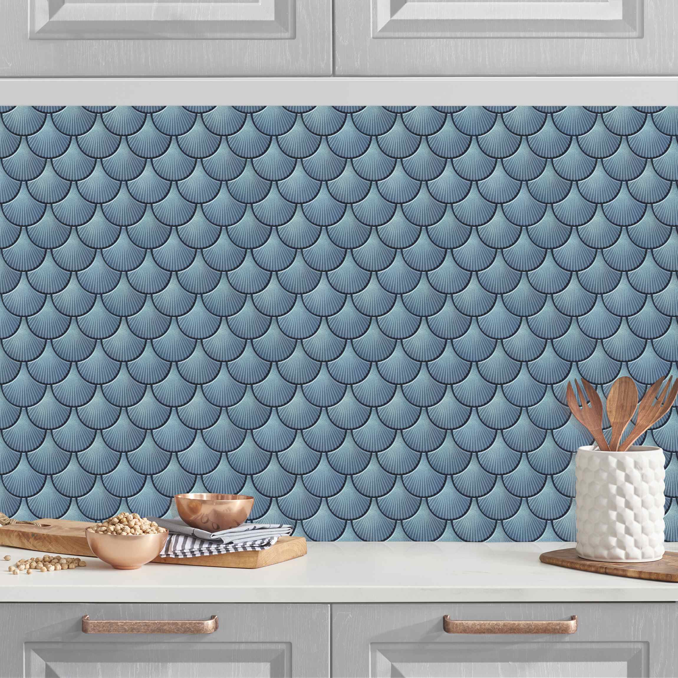 Küchenrückwand Muschel Fliesen Keramikoptik Blau
