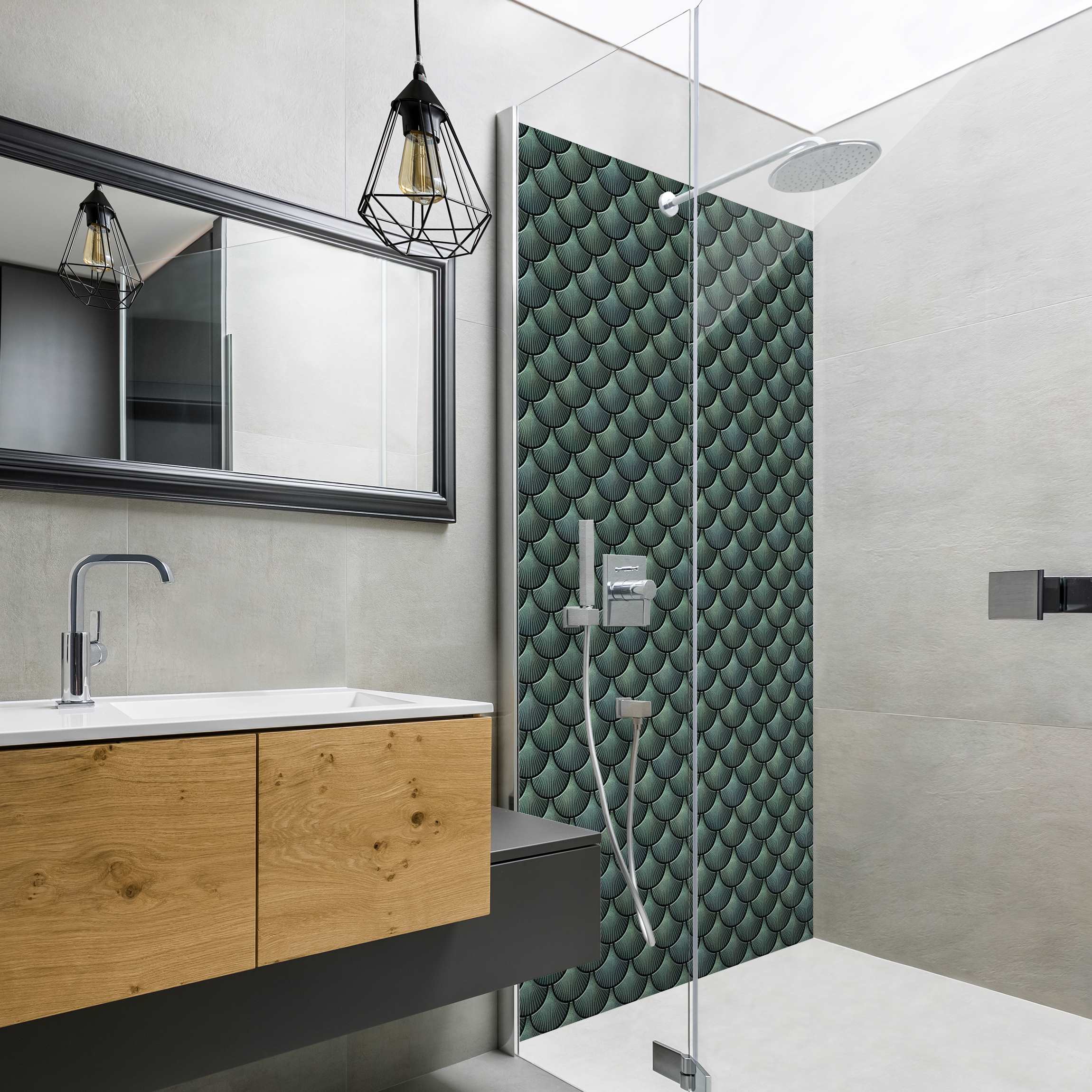 Duschrückwand Muschel Fliesen Keramikoptik Eucalyptus