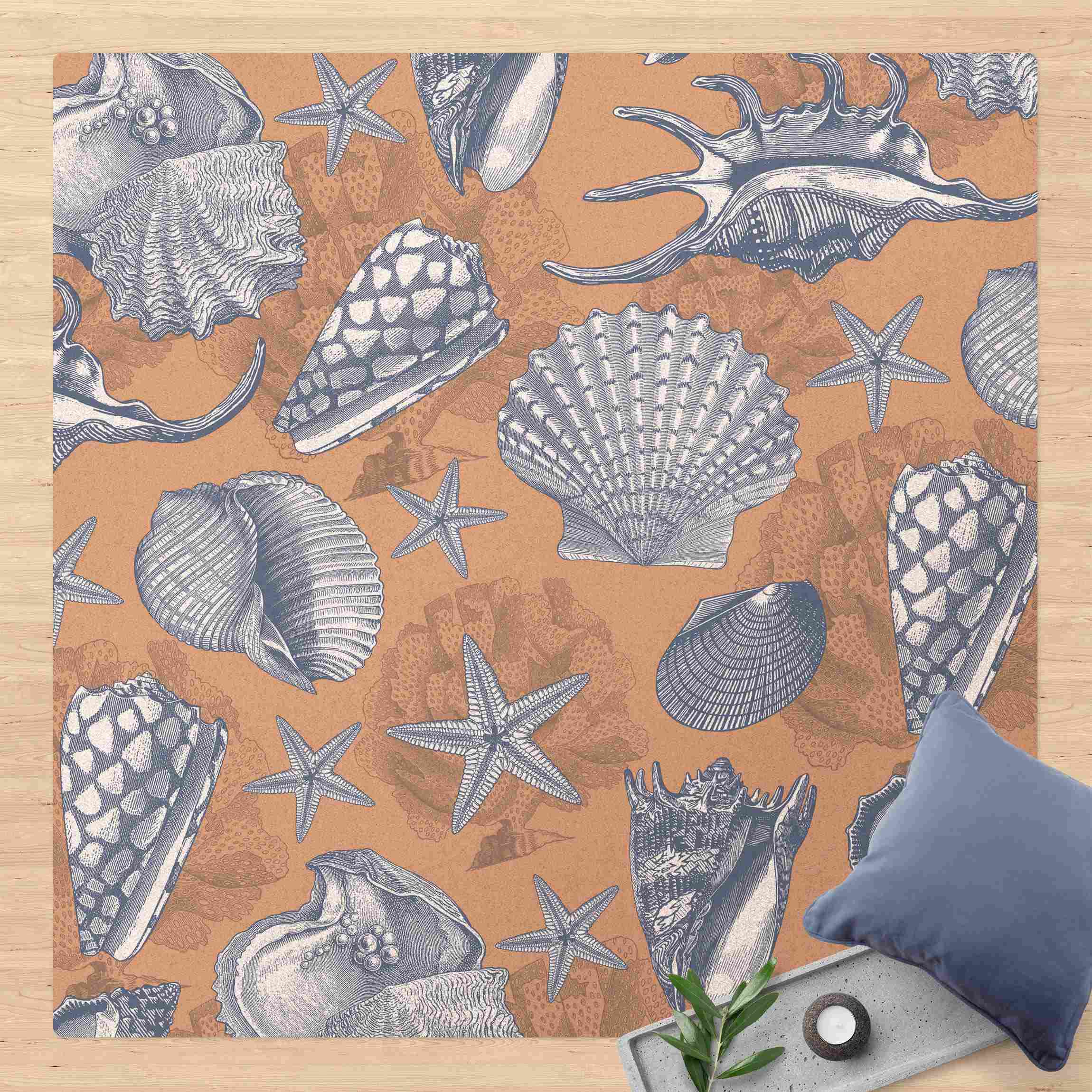 Kork-Teppich Muster Nautik Seestern und Muscheln