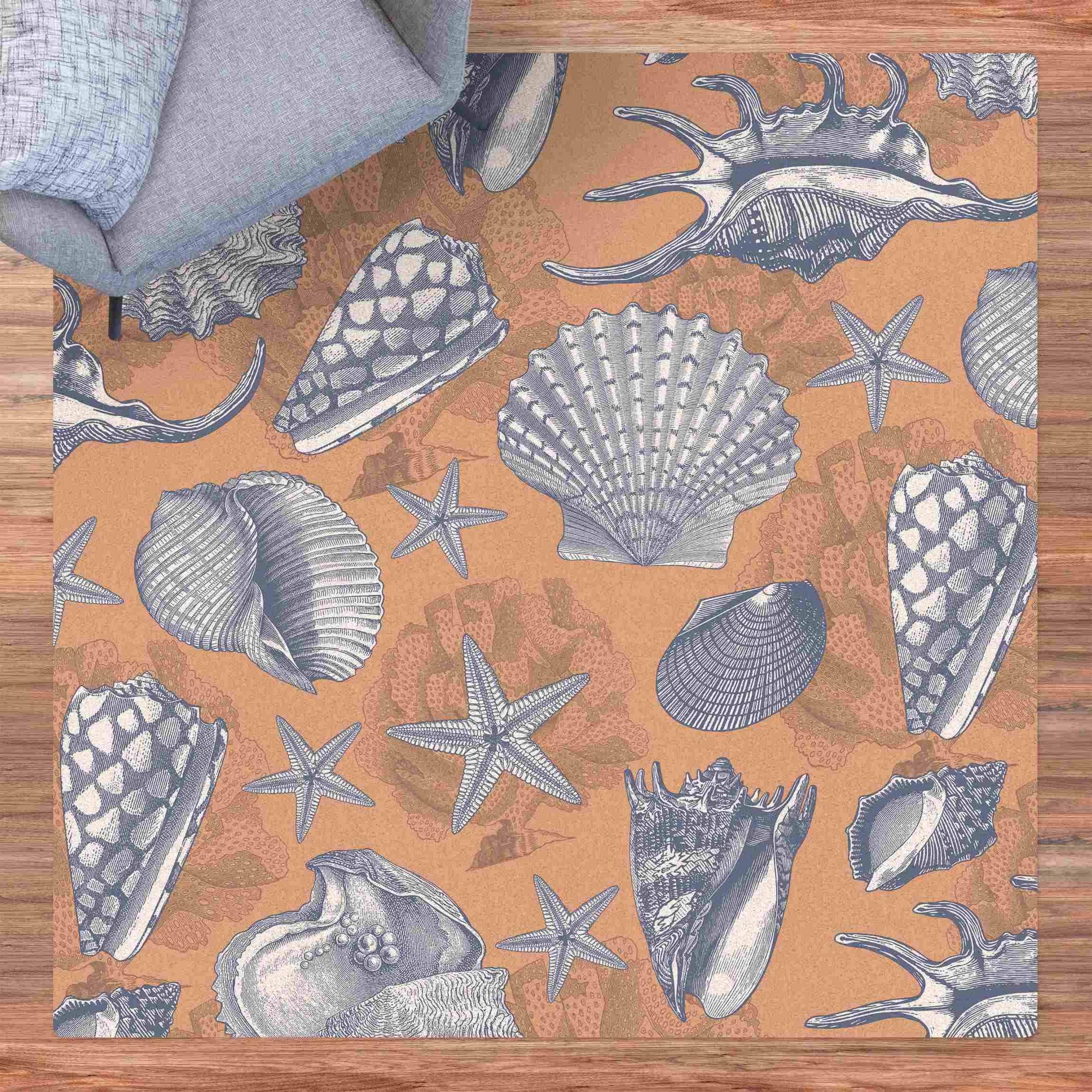 Kork-Teppich Muster Nautik Seestern und Muscheln