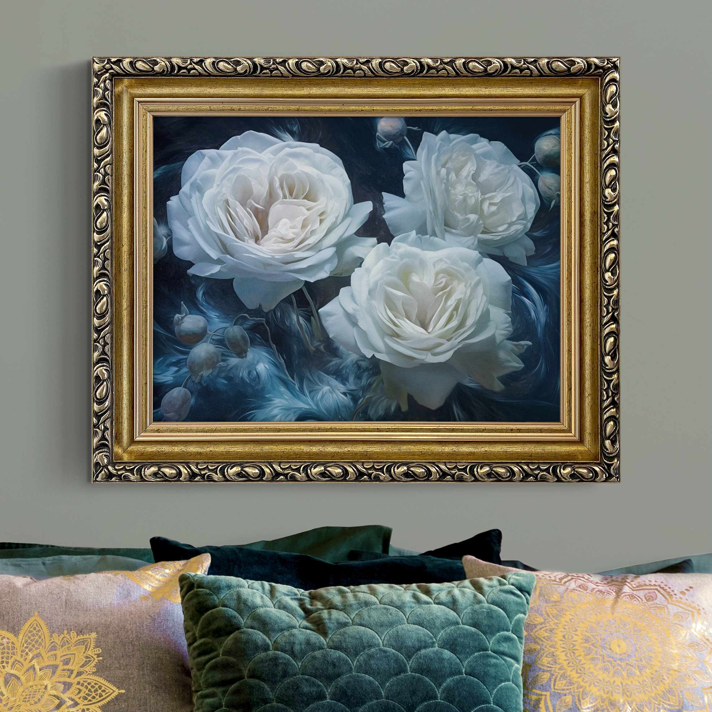 Leinwandbild in Barockrahmen Mystische weiße Rosen