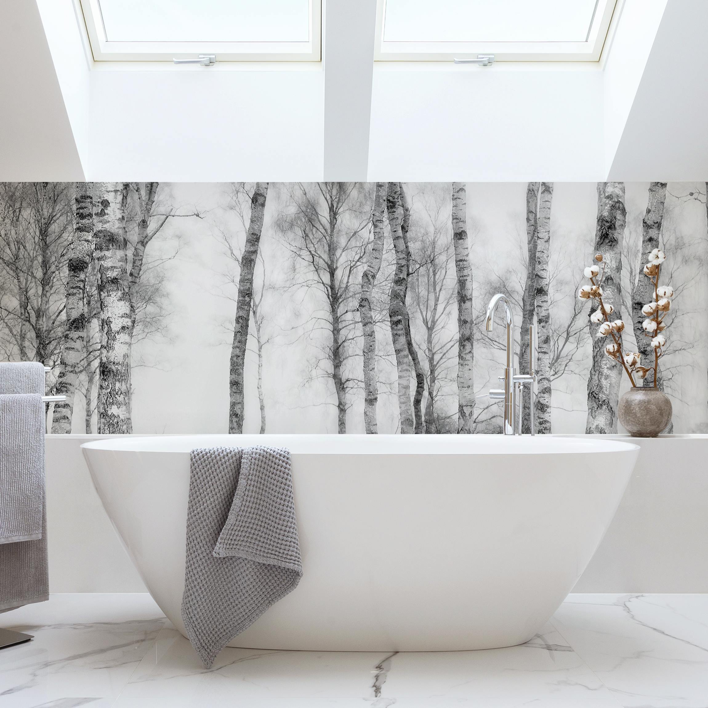Wandverkleidung Bad Mystischer Birkenwald Schwarz-Weiß