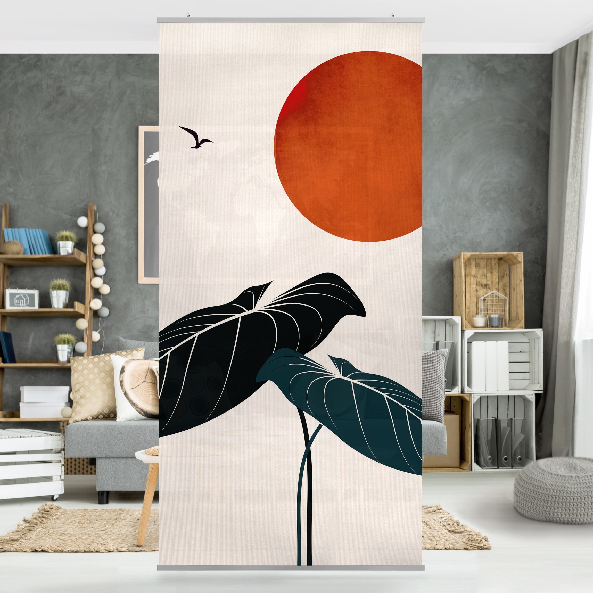 Raumteiler Nachttraum - Pflanze und rote Sonne