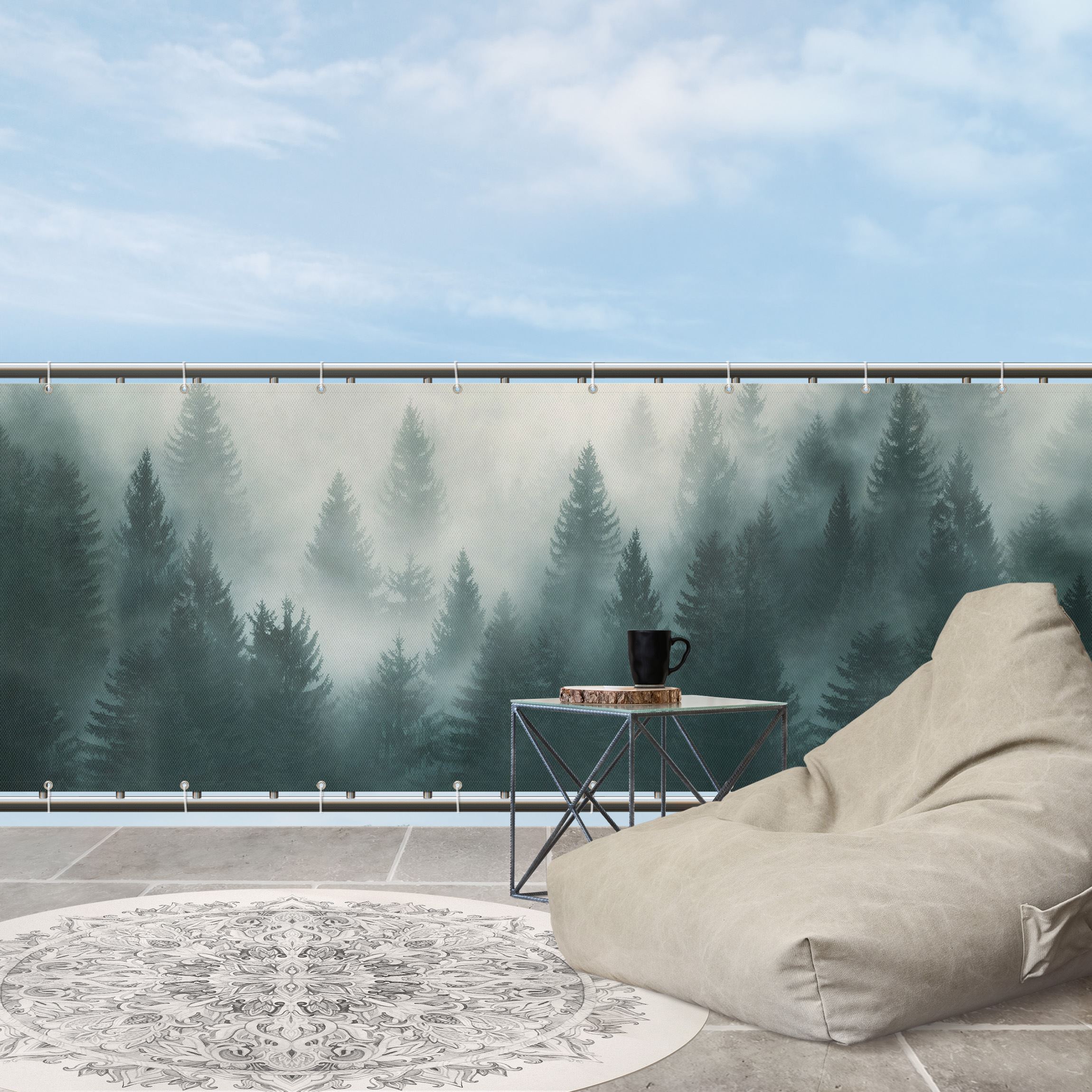 Balkon Sichtschutz Nadelwald im Nebel
