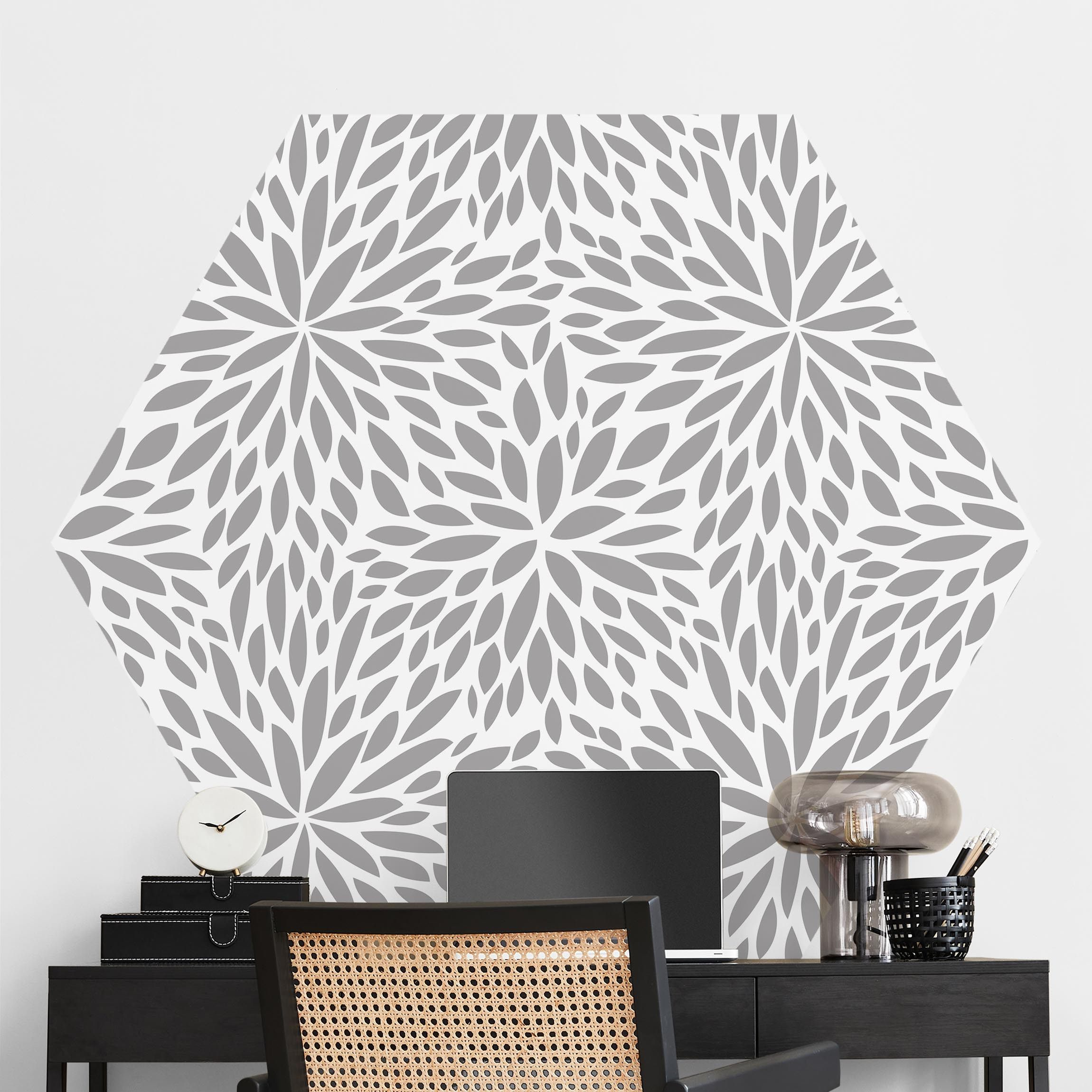 Hexagon Mustertapete Natürliches Muster Blumen in Grau