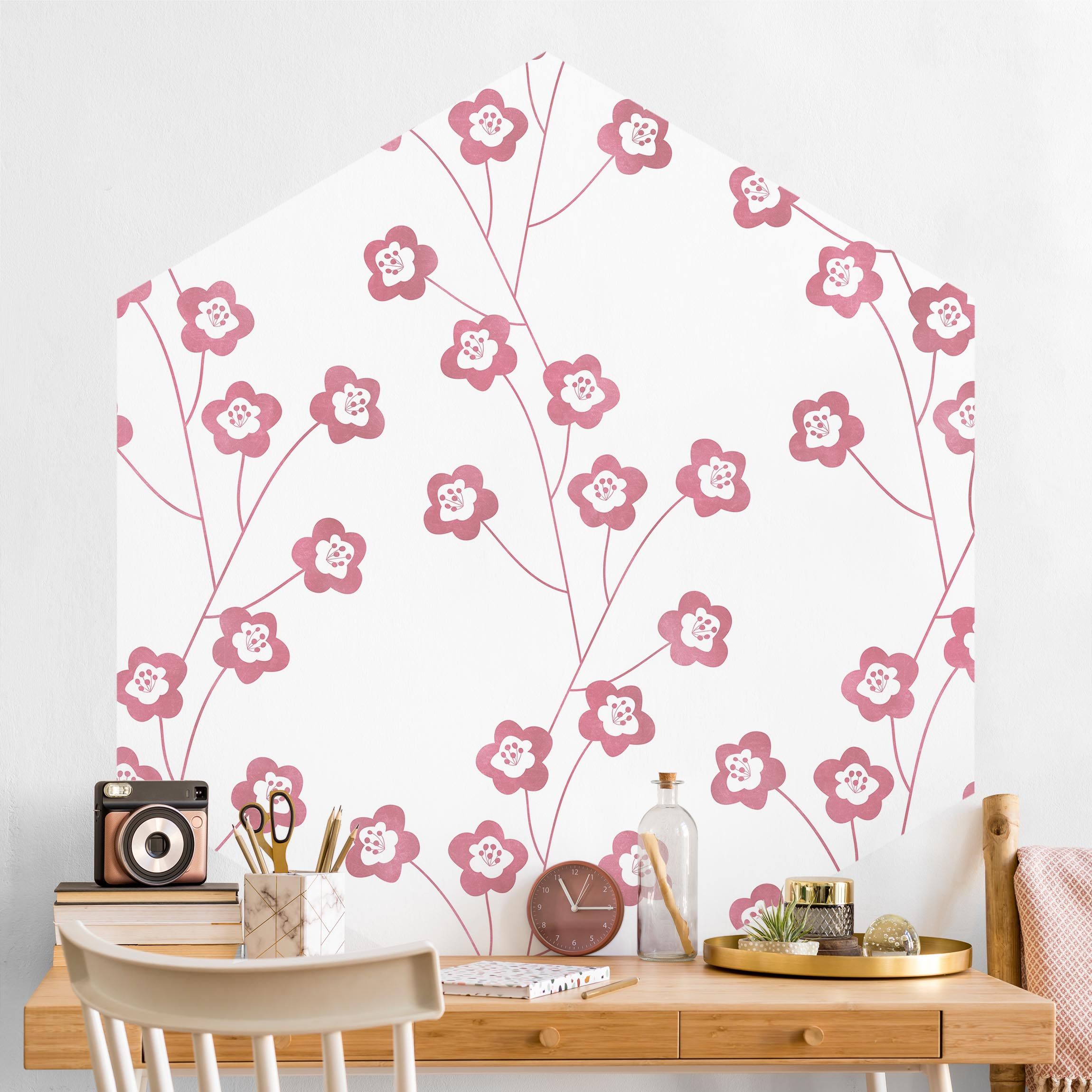 Hexagon Mustertapete Natürliches Muster zarte Blumen in Rosa