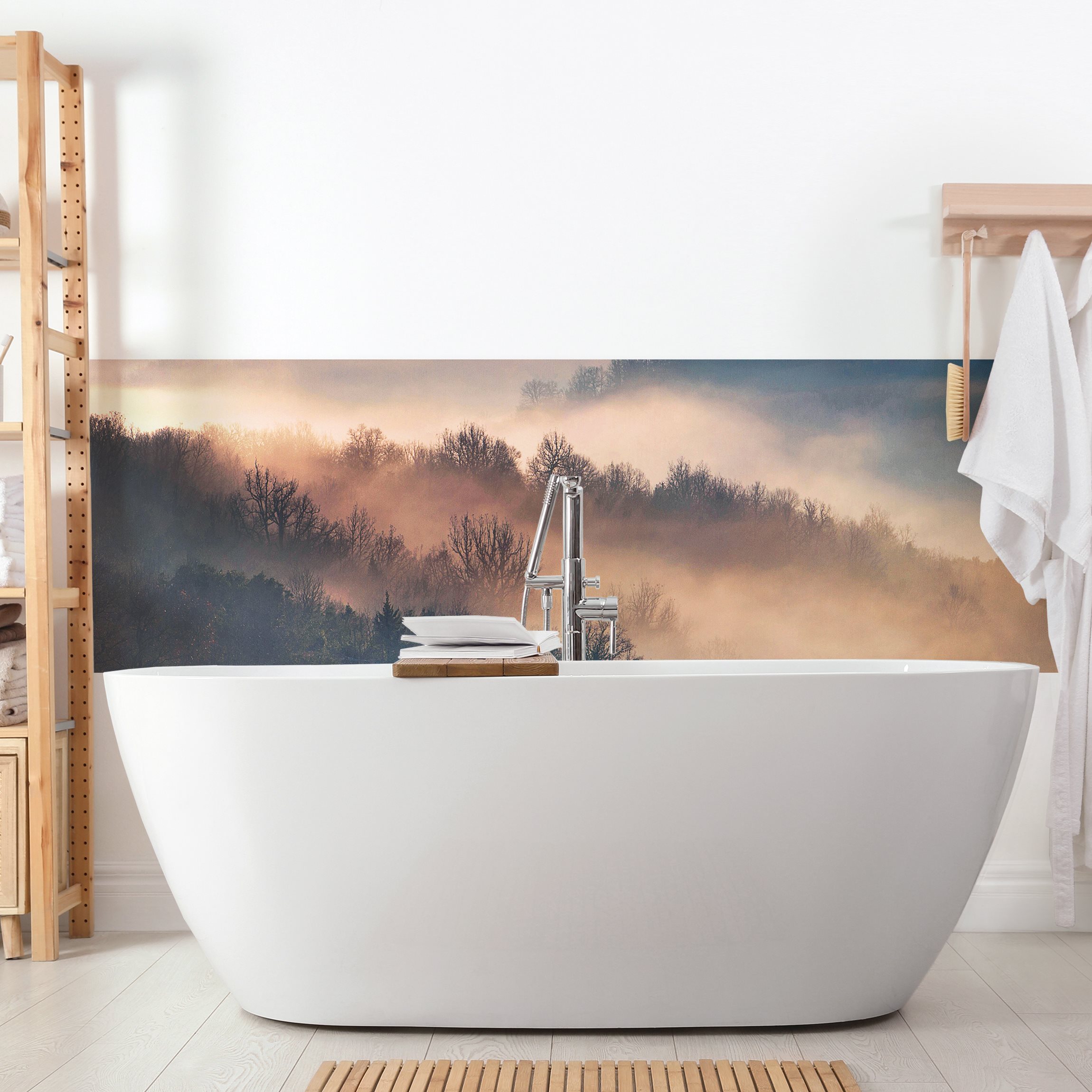 Wandverkleidung Bad Nebel bei Sonnenuntergang