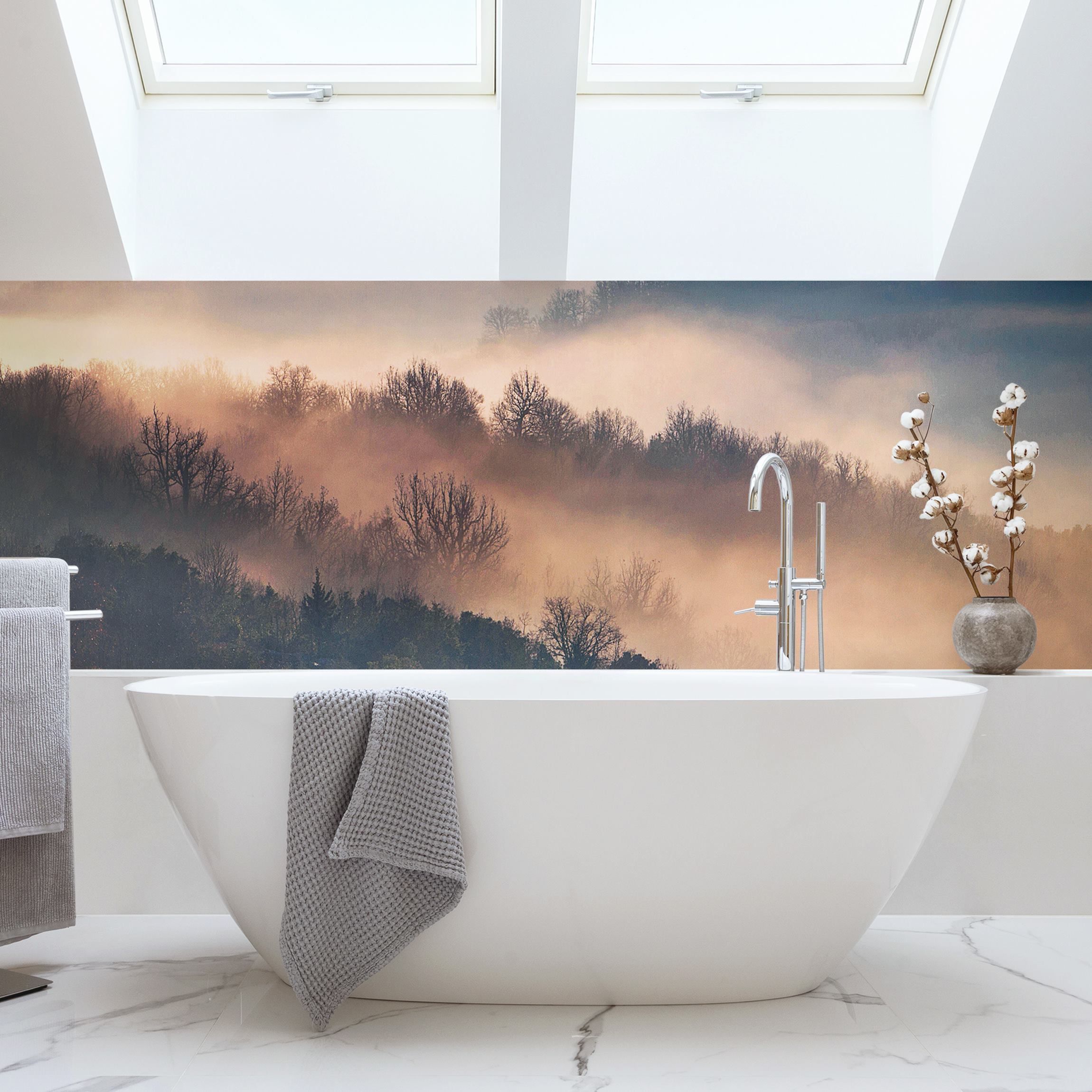 Wandverkleidung Bad Nebel bei Sonnenuntergang