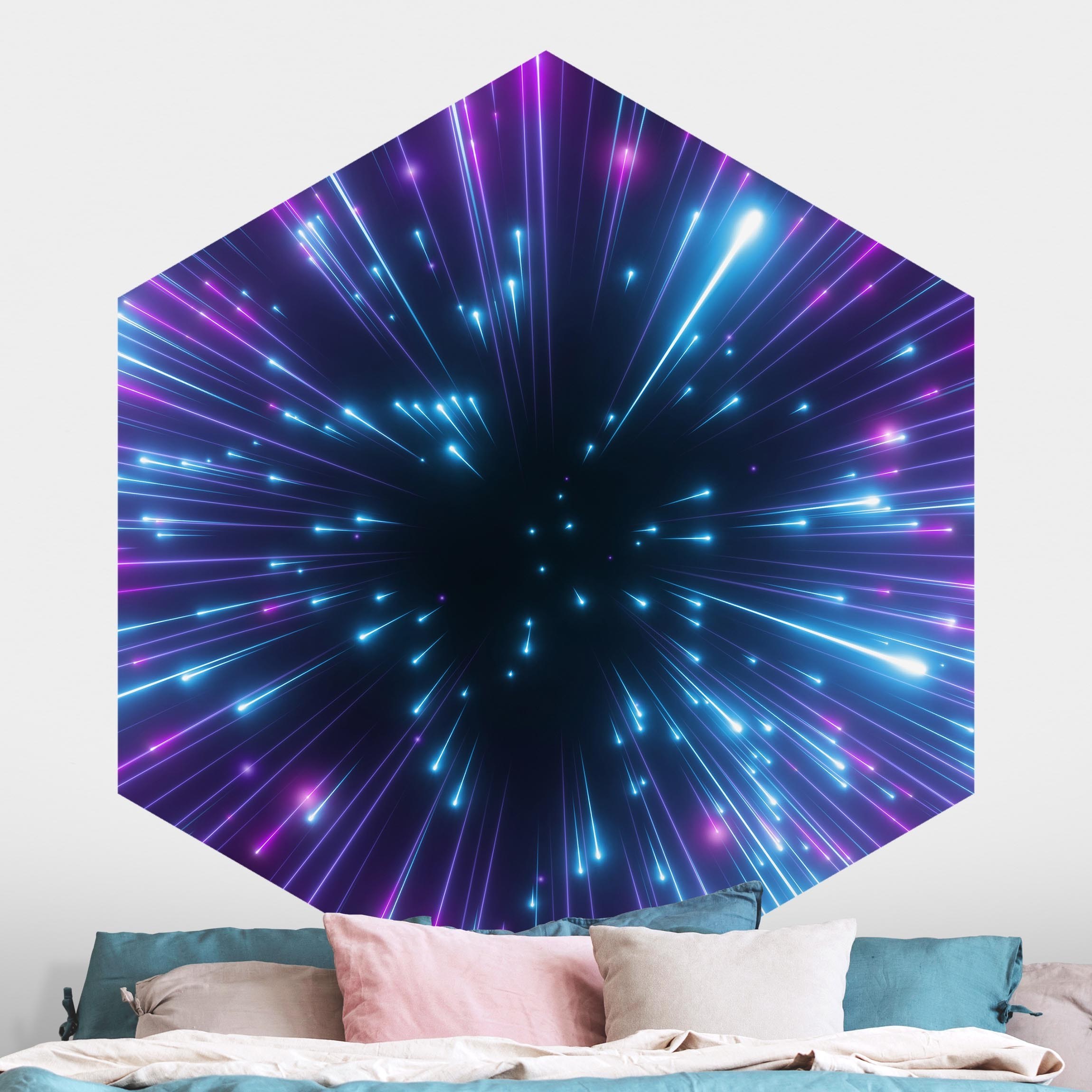 Hexagon Mustertapete Neon Feuerwerk