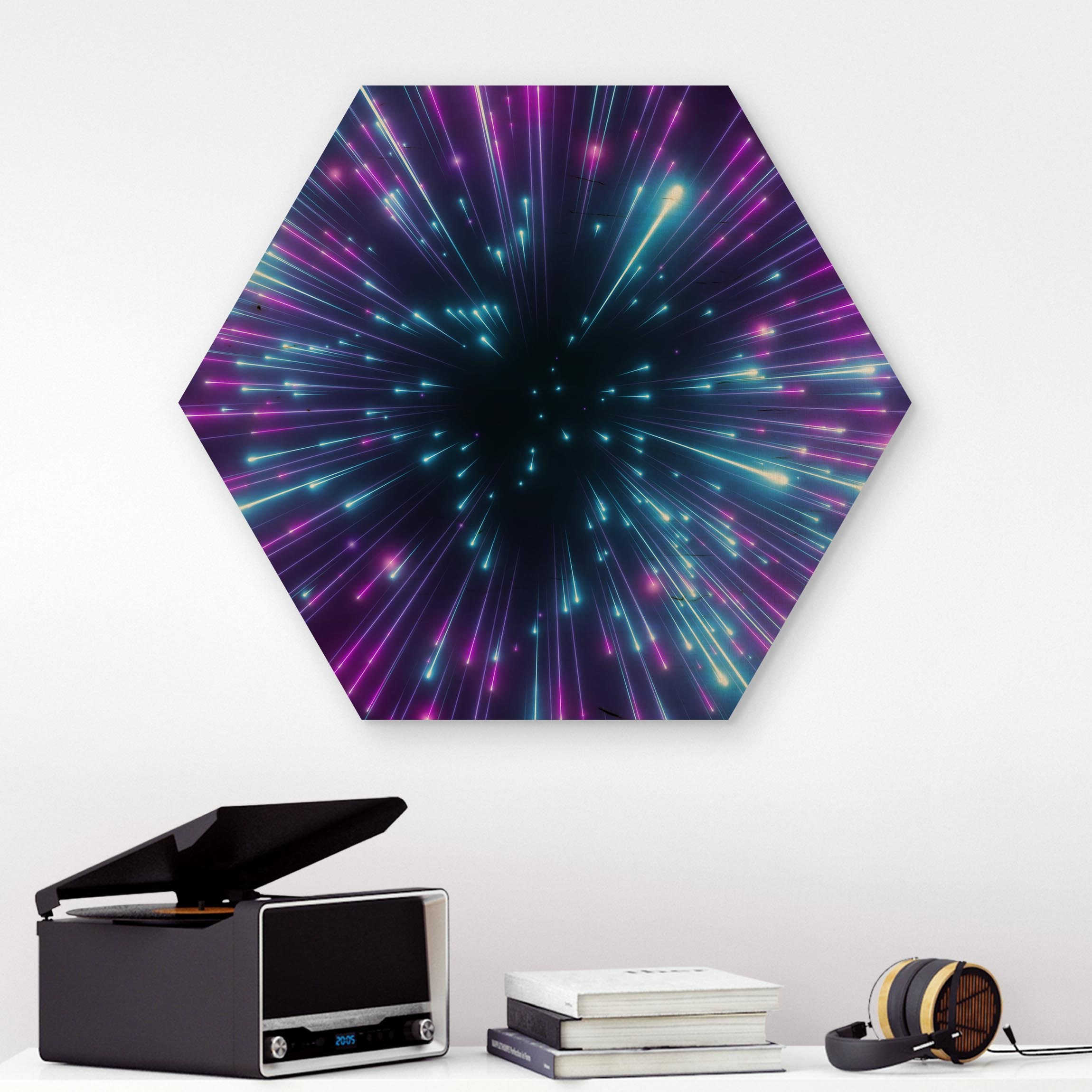 Hexagon-Holzbild Neon Feuerwerk
